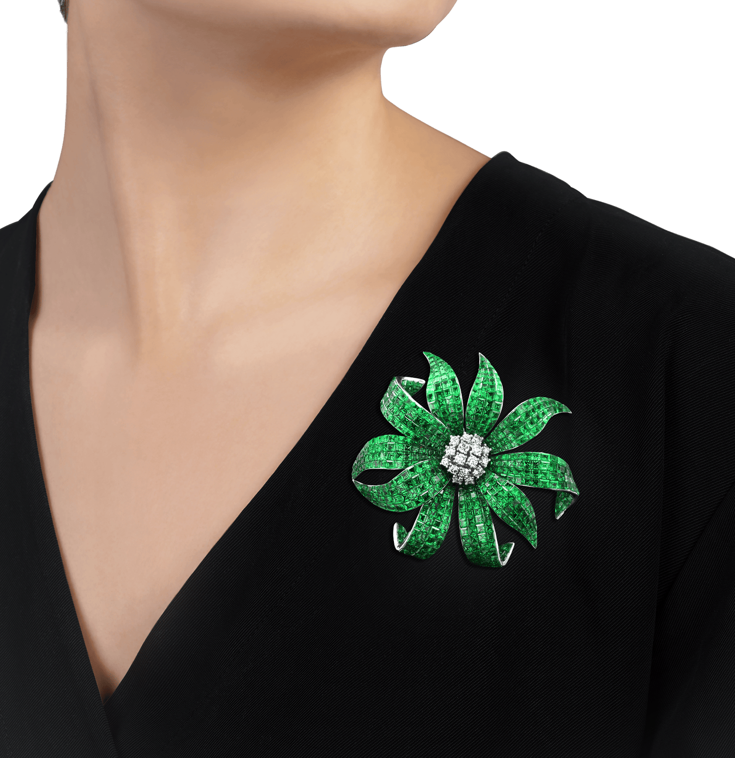 Tsavorite Garnet Invisible-Set Flower Brooch, 51.28 Carats