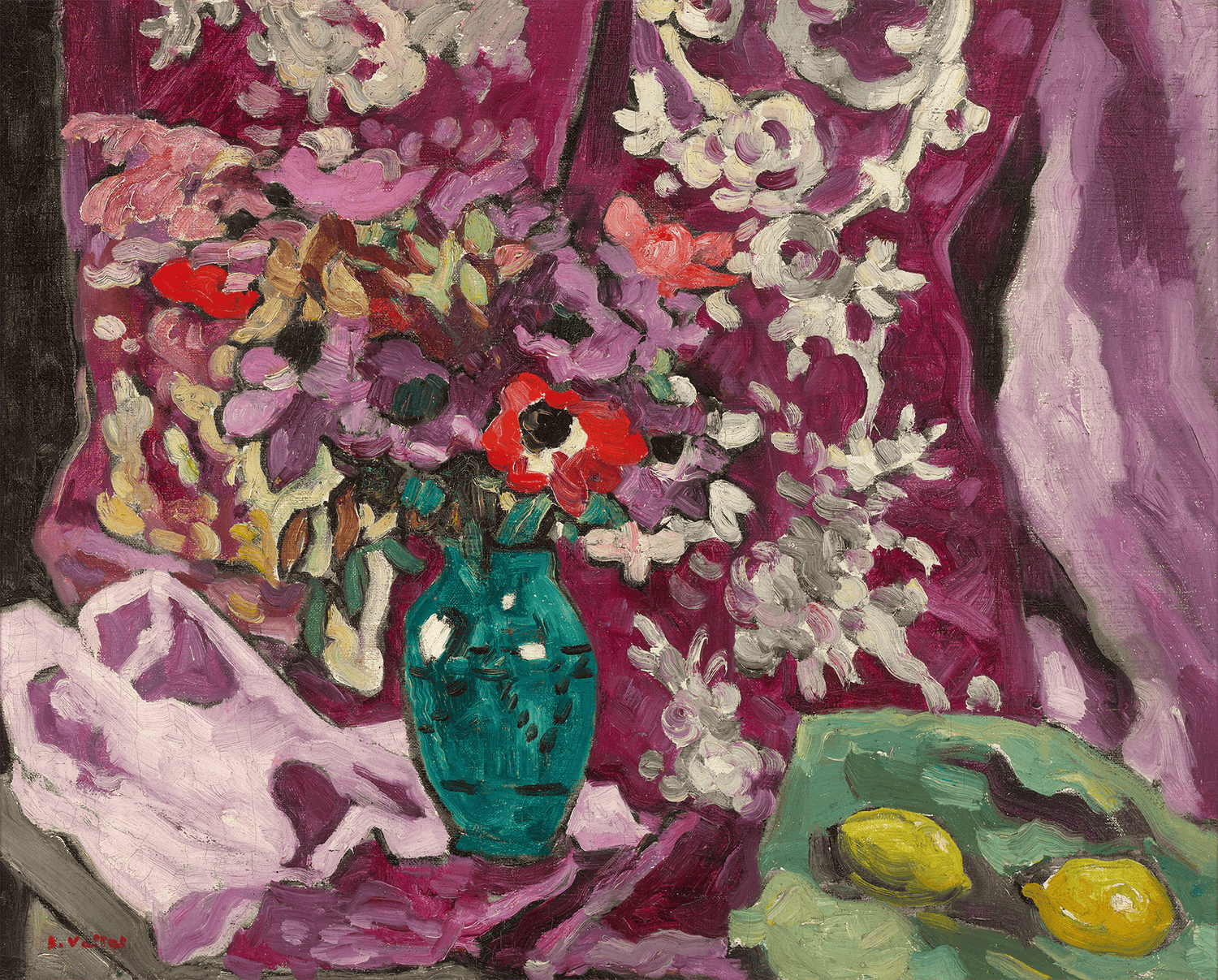 Vase anémones et citrons, draperie by Louis Valtat