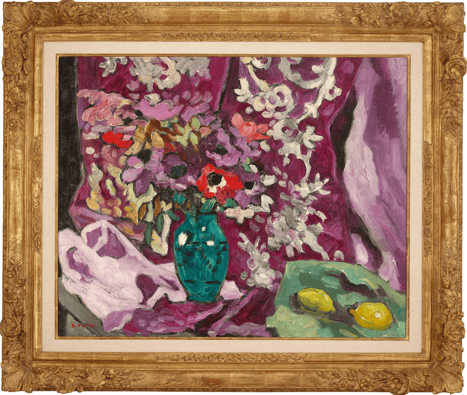 Vase anémones et citrons, draperie by Louis Valtat