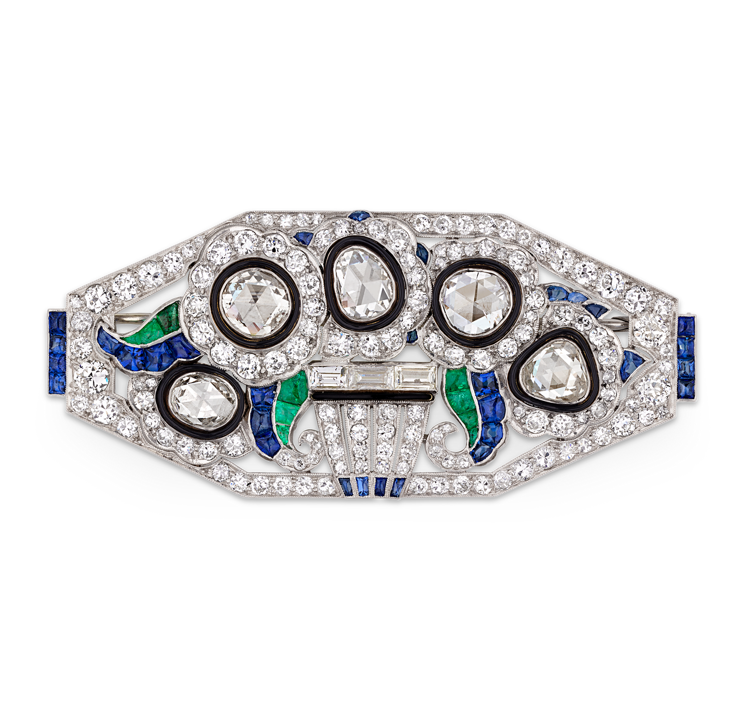Mauboussin Art Deco Diamond, Emerald and Sapphire Brooch