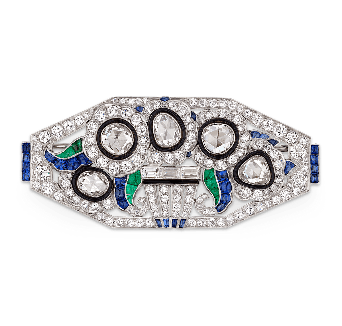 Mauboussin Art Deco Diamond, Emerald and Sapphire Brooch