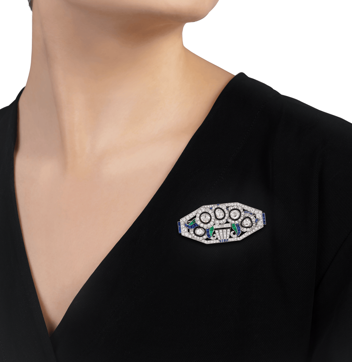 Mauboussin Art Deco Diamond, Emerald and Sapphire Brooch