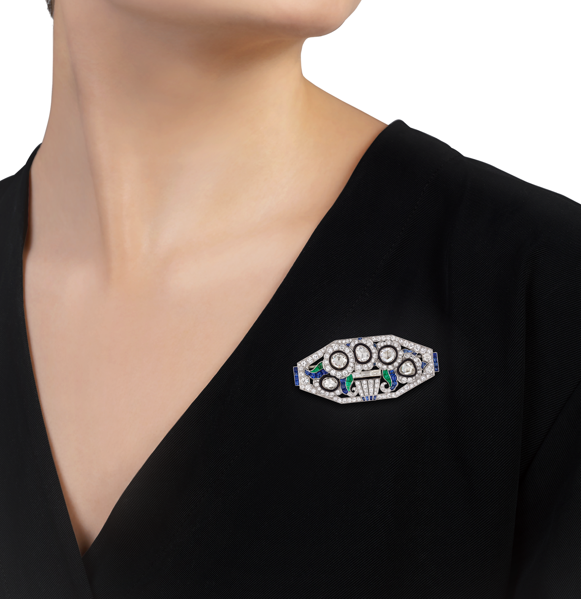 Mauboussin Art Deco Diamond, Emerald and Sapphire Brooch