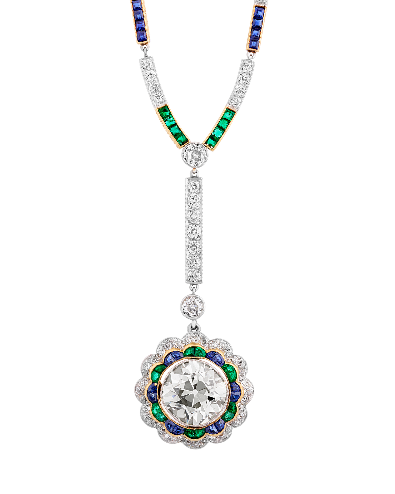 Art Deco Diamond, Emerald and Sapphire Necklace
