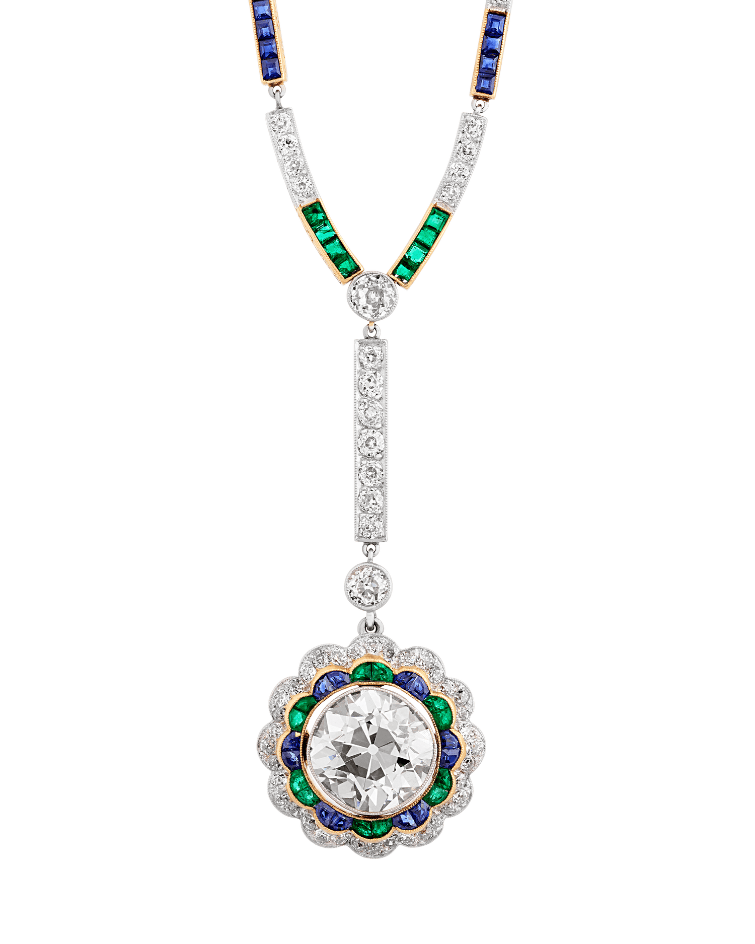 Art Deco Diamond, Emerald and Sapphire Necklace
