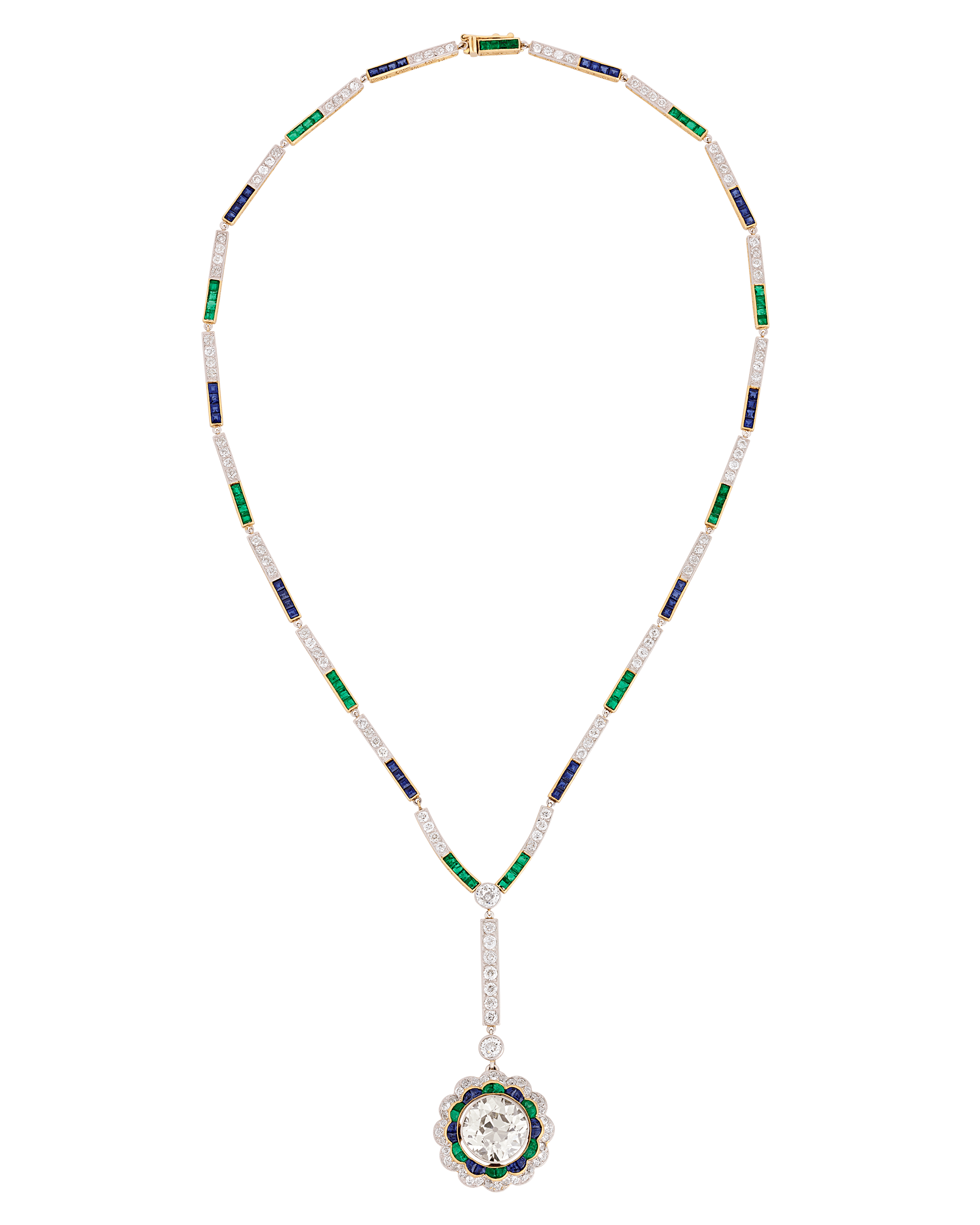 Art Deco Diamond, Emerald and Sapphire Necklace