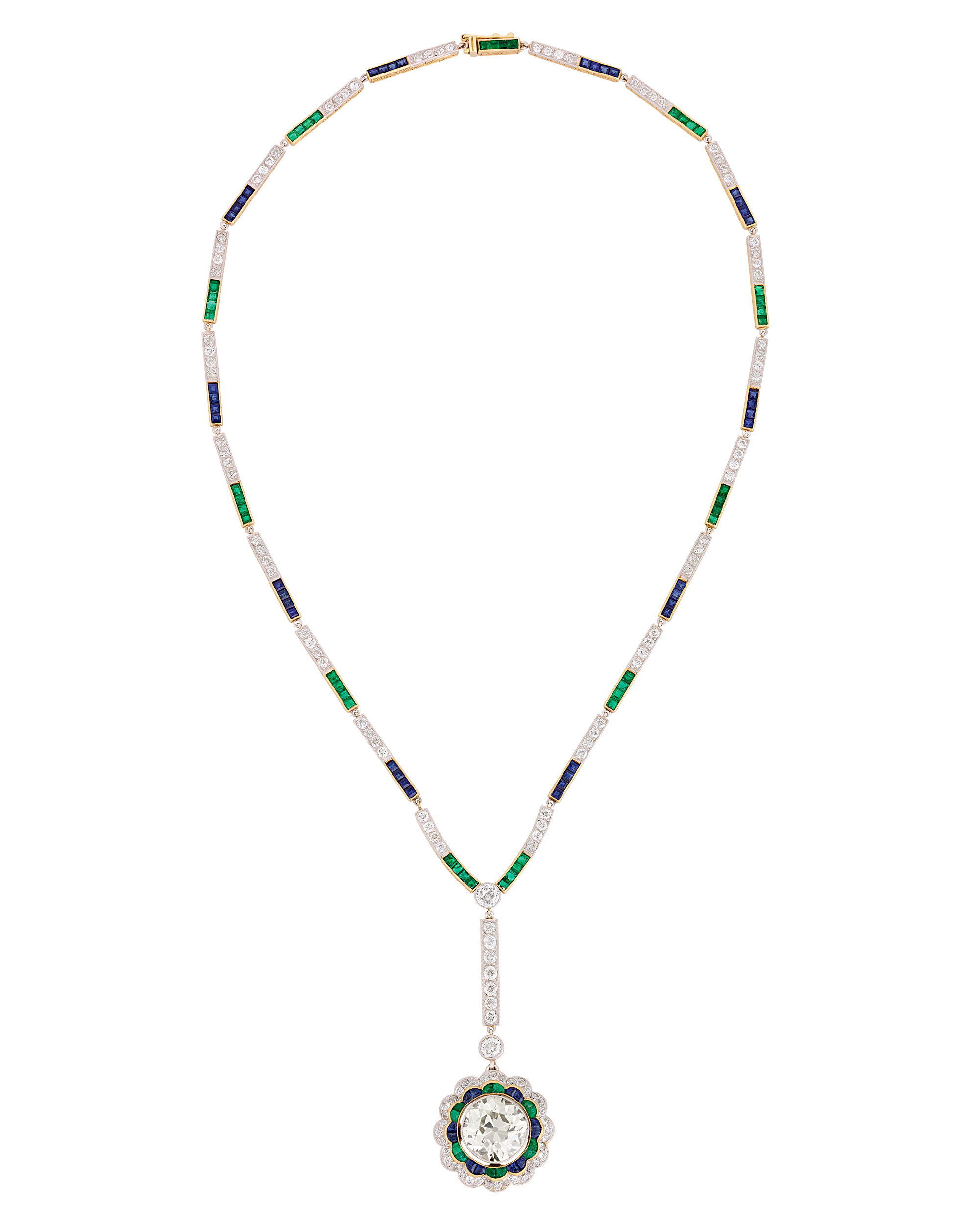 Art Deco Diamond, Emerald and Sapphire Necklace