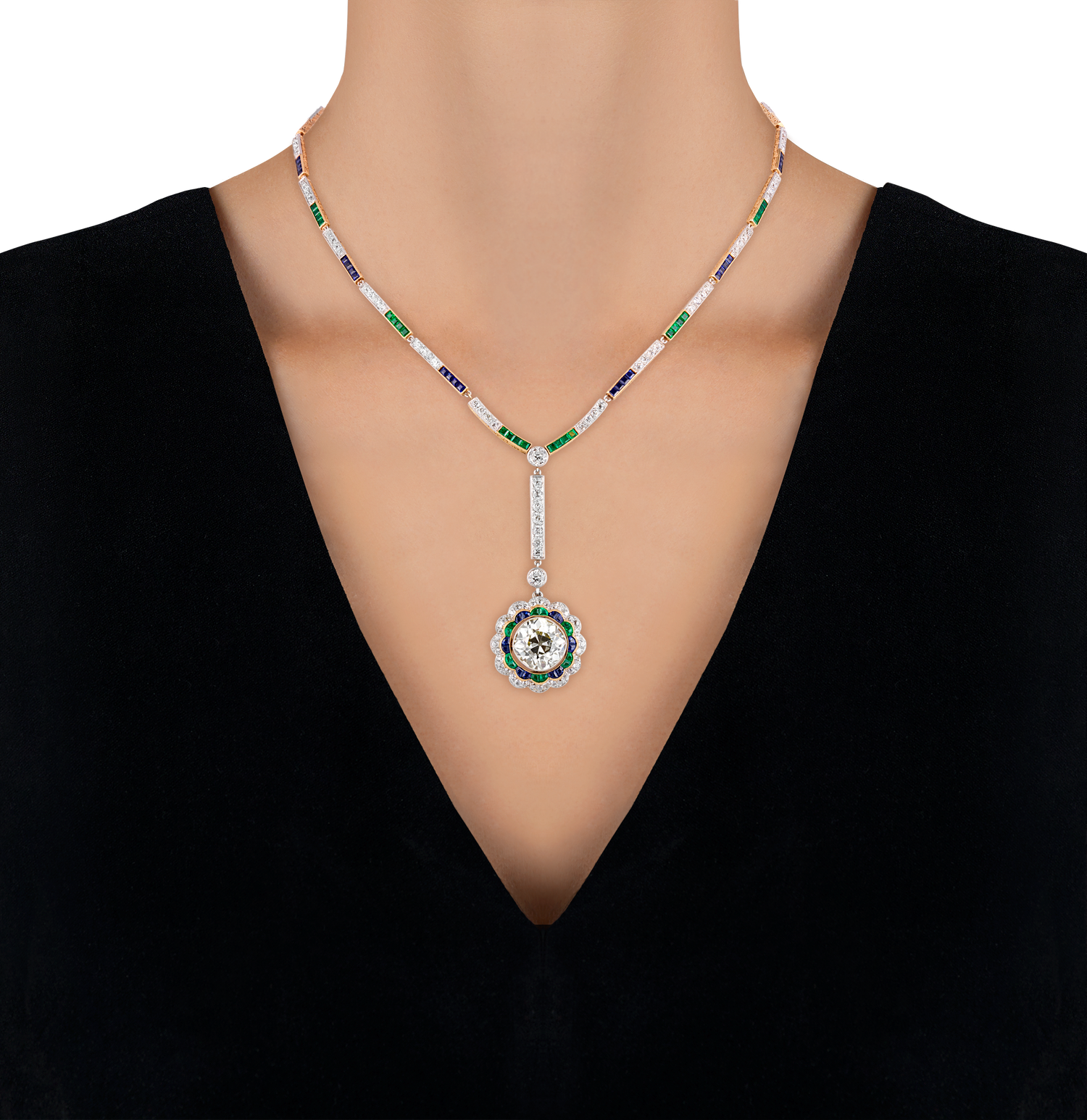 Art Deco Diamond, Emerald and Sapphire Necklace