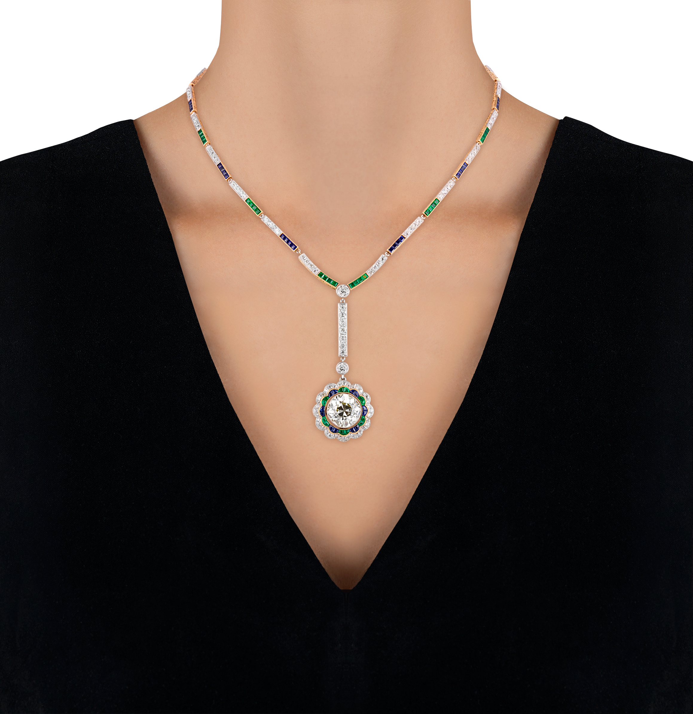 Art Deco Diamond, Emerald and Sapphire Necklace
