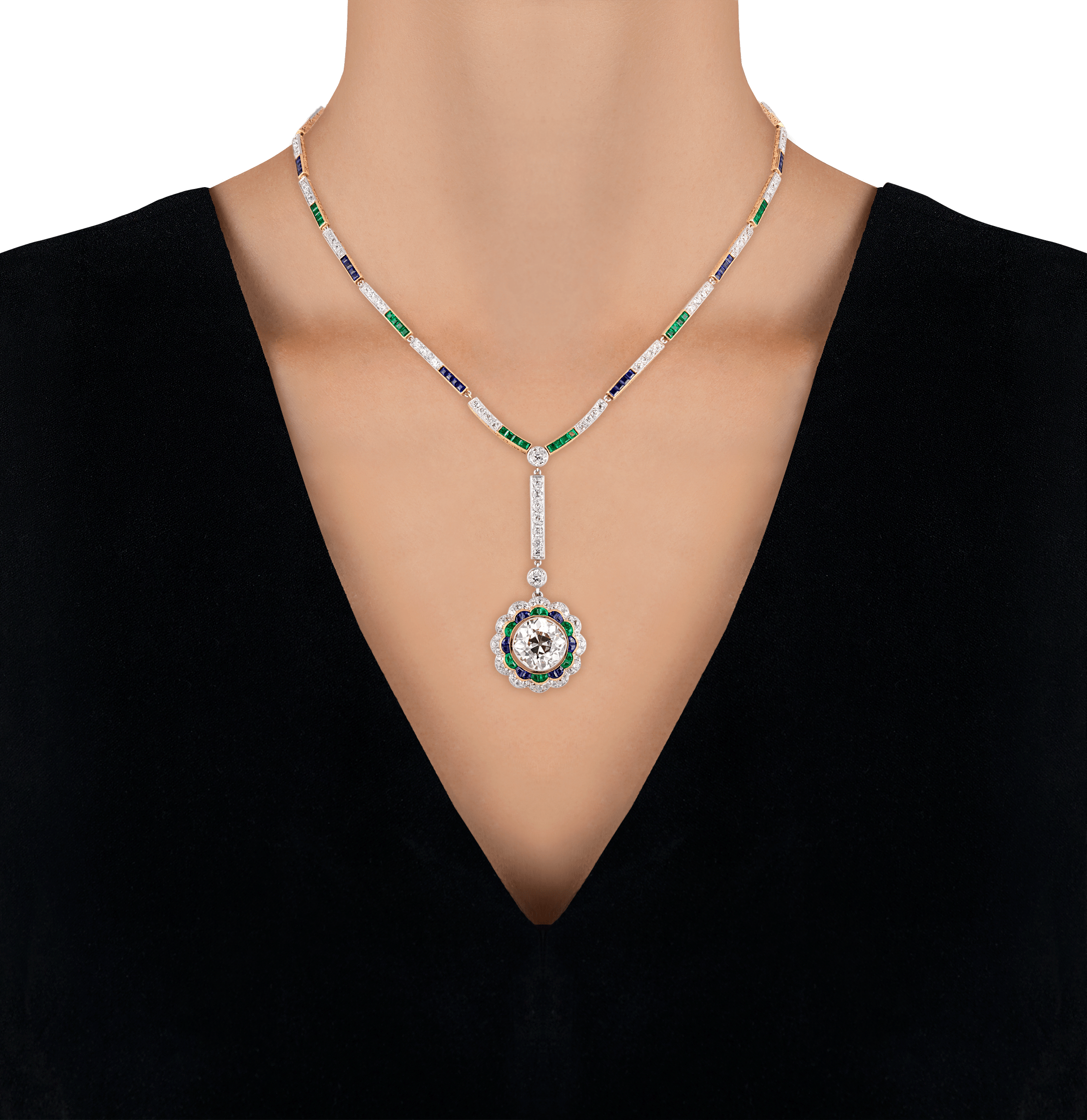 Art Deco Diamond, Emerald and Sapphire Necklace