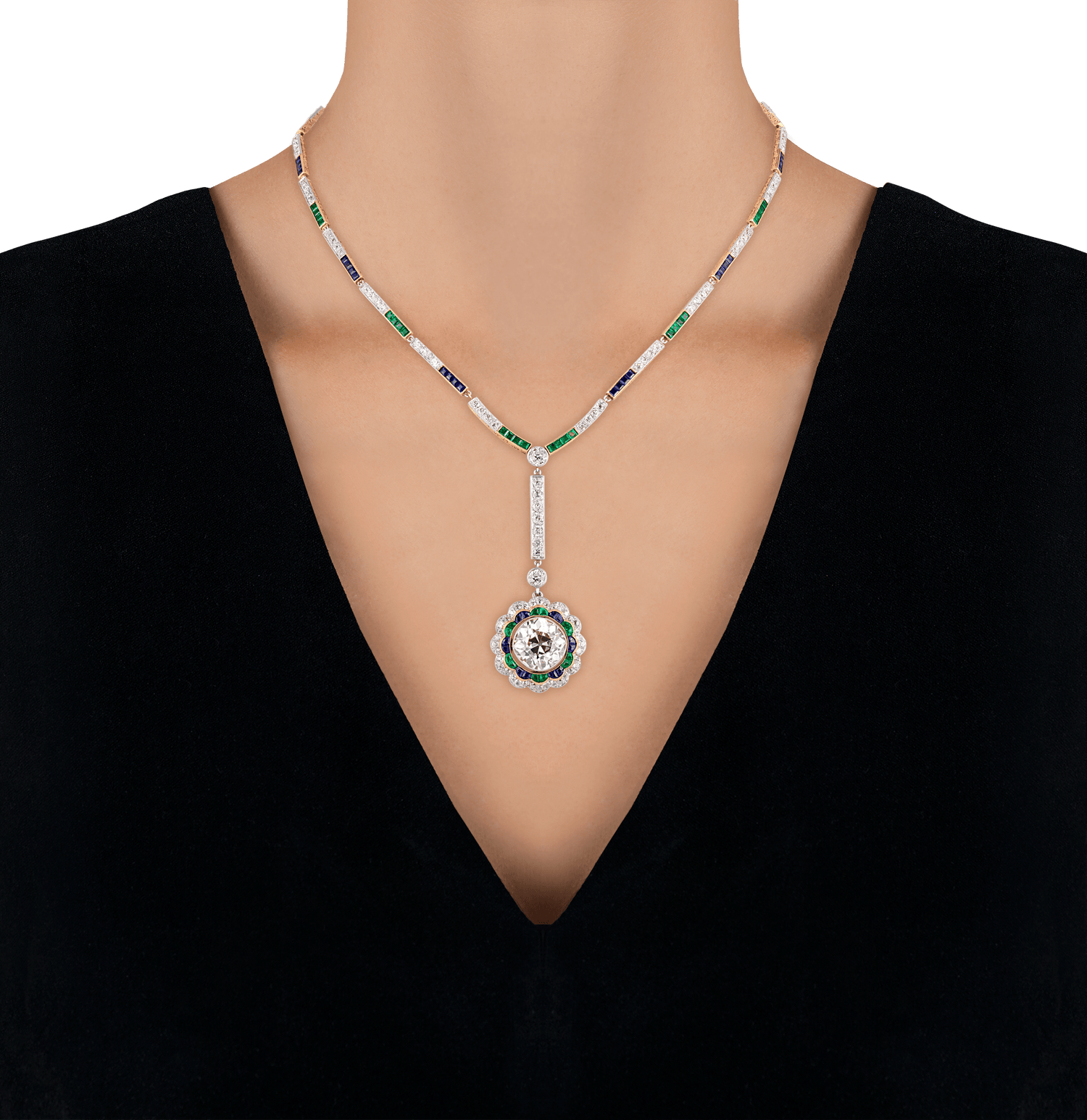 Art Deco Diamond, Emerald and Sapphire Necklace