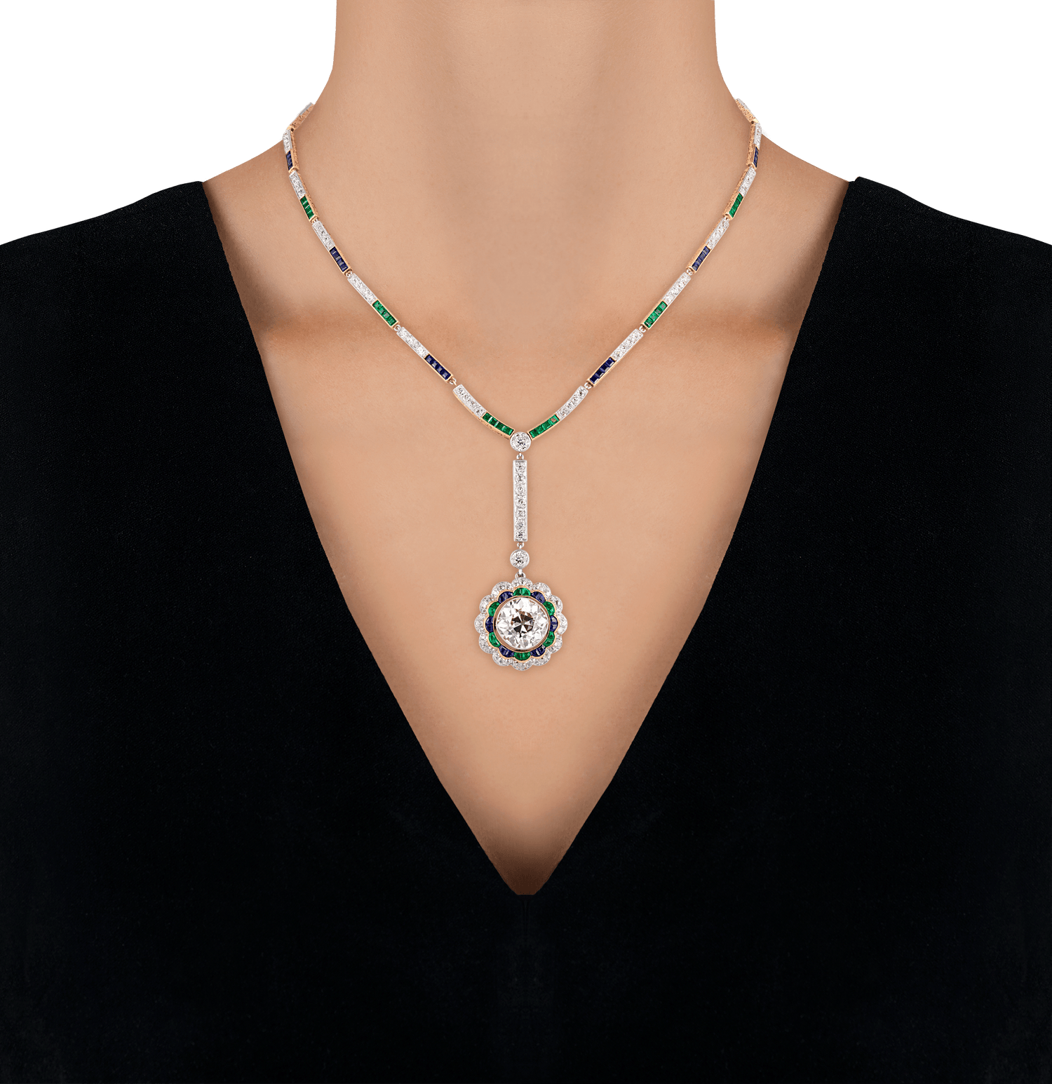 Art Deco Diamond, Emerald and Sapphire Necklace