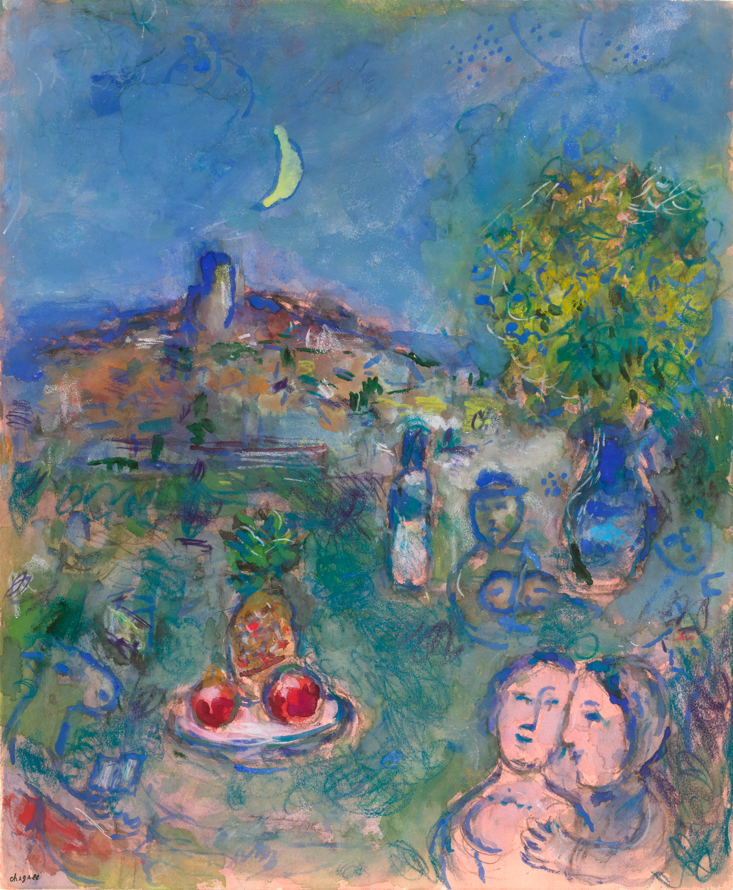 Couple et nature morte à l’ananas devant Saint-Paul by Marc Chagall