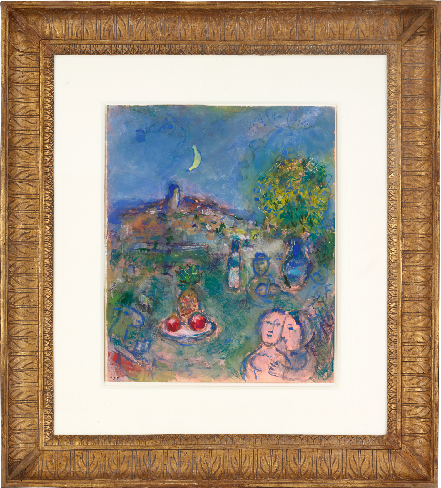 Couple et nature morte à l’ananas devant Saint-Paul by Marc Chagall