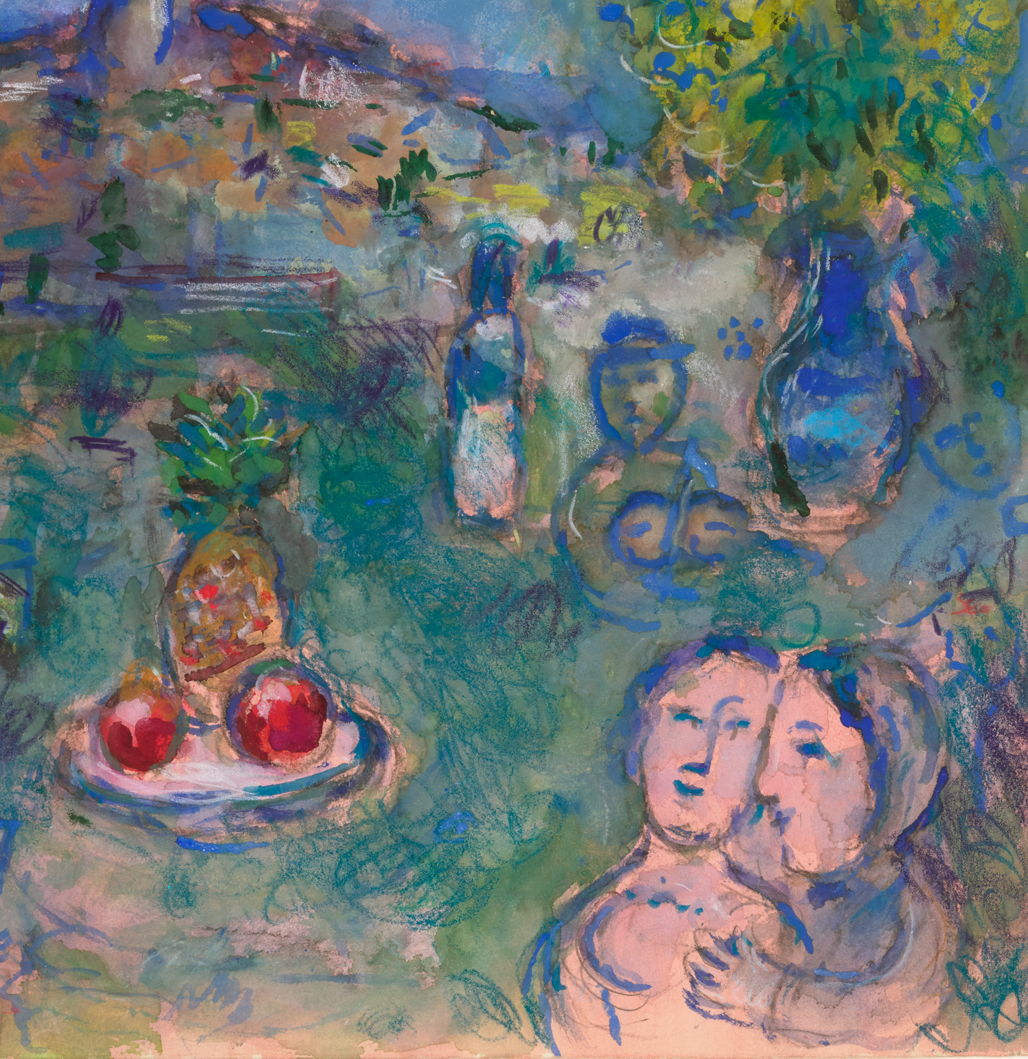 Couple et nature morte à l’ananas devant Saint-Paul by Marc Chagall
