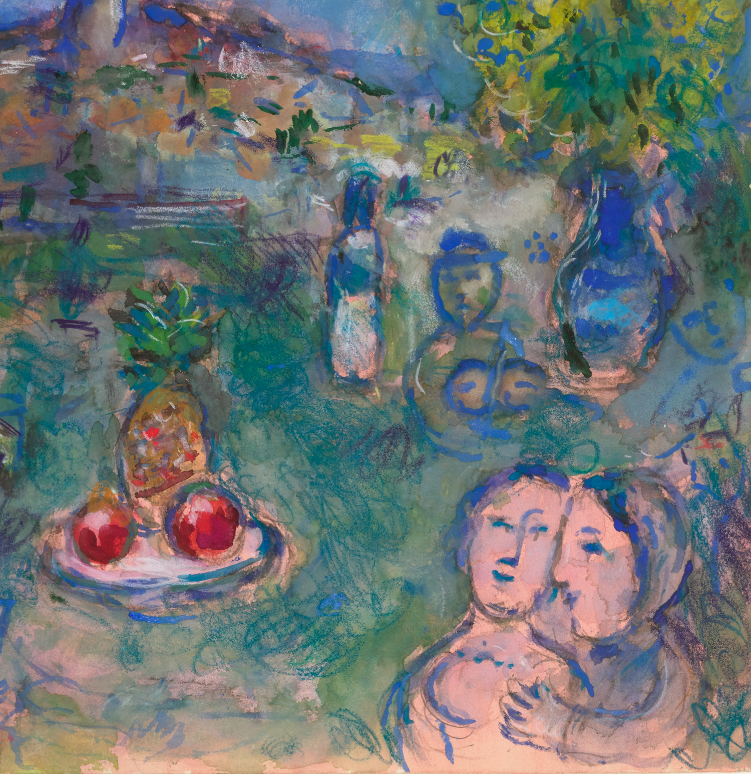 Couple et nature morte à l’ananas devant Saint-Paul by Marc Chagall