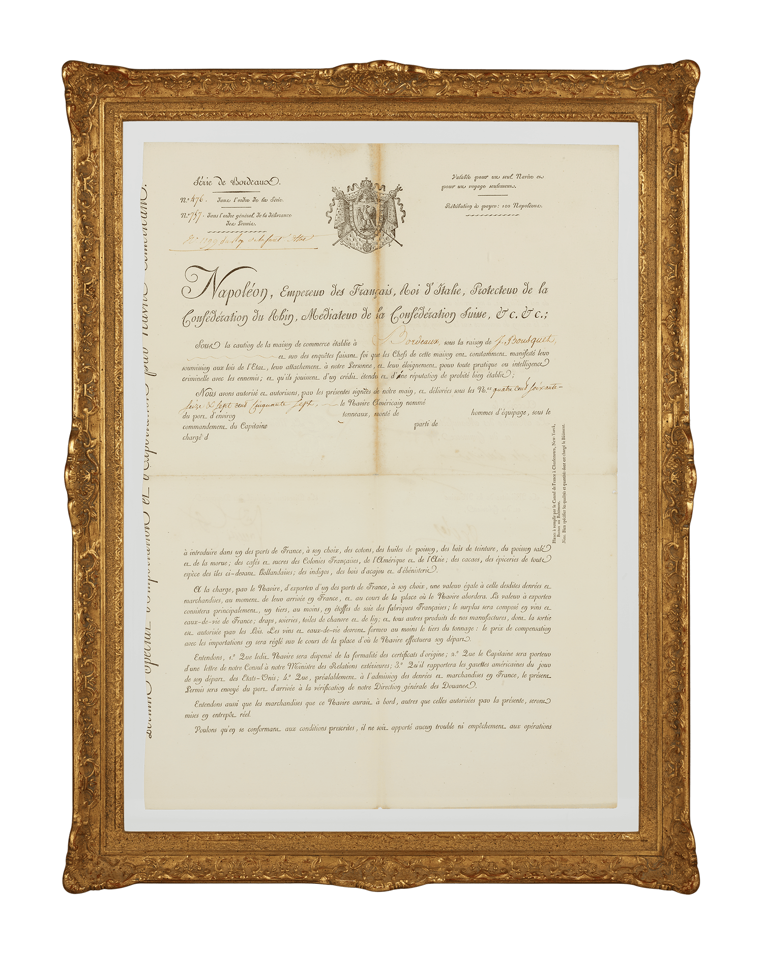 Framed Maritime Passport signed by Napoleon Bonaparte