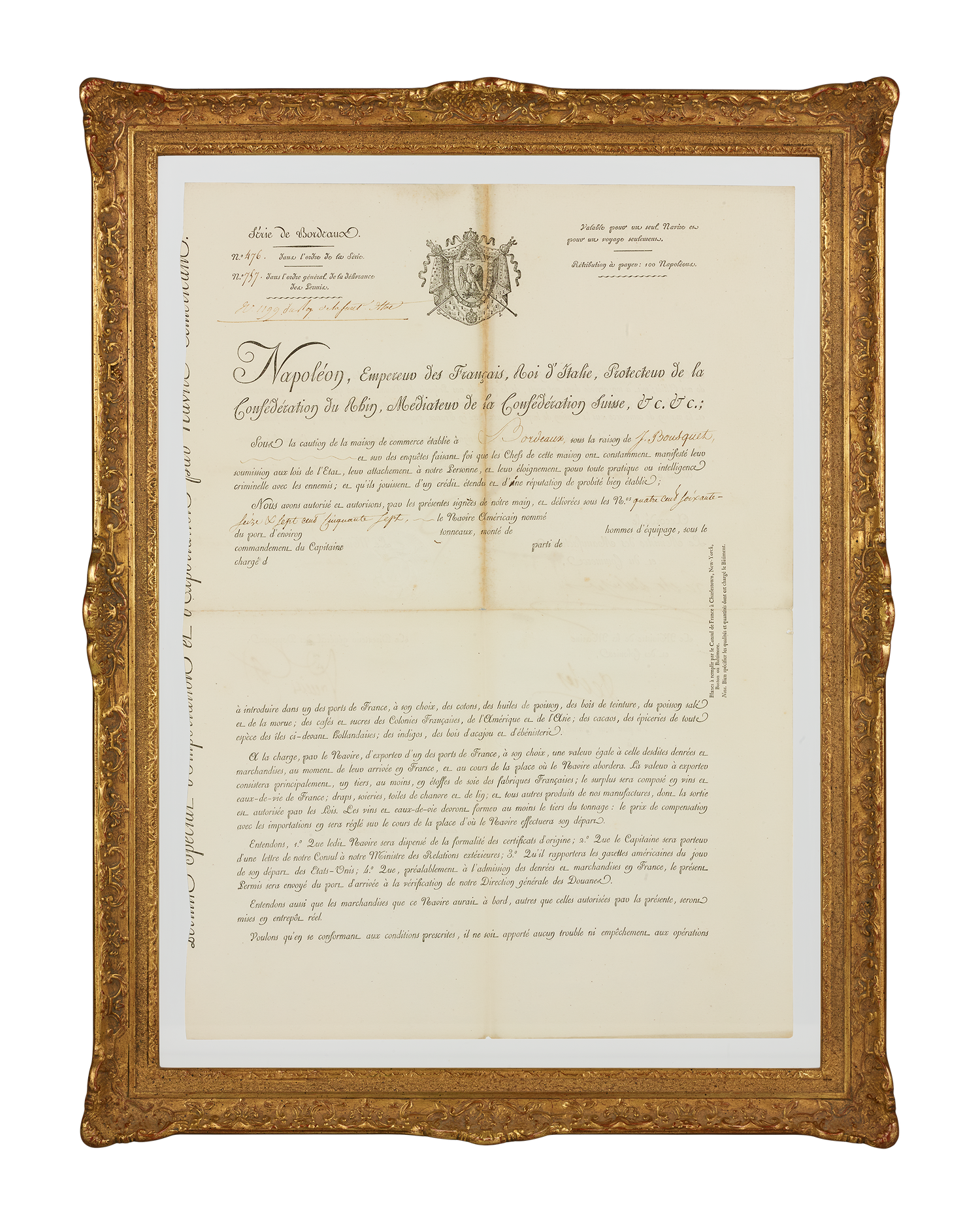 Framed Maritime Passport signed by Napoleon Bonaparte