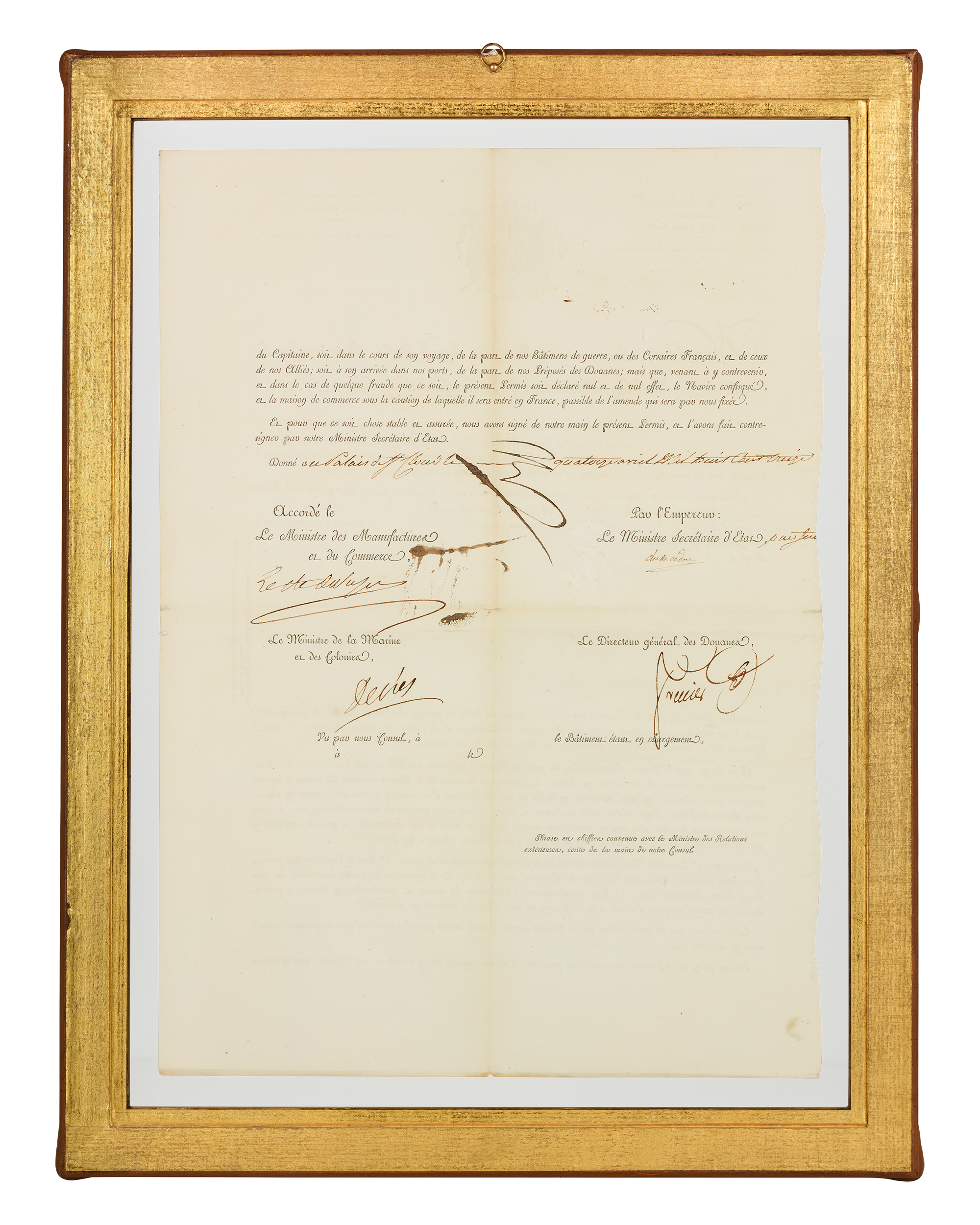 Framed Maritime Passport signed by Napoleon Bonaparte