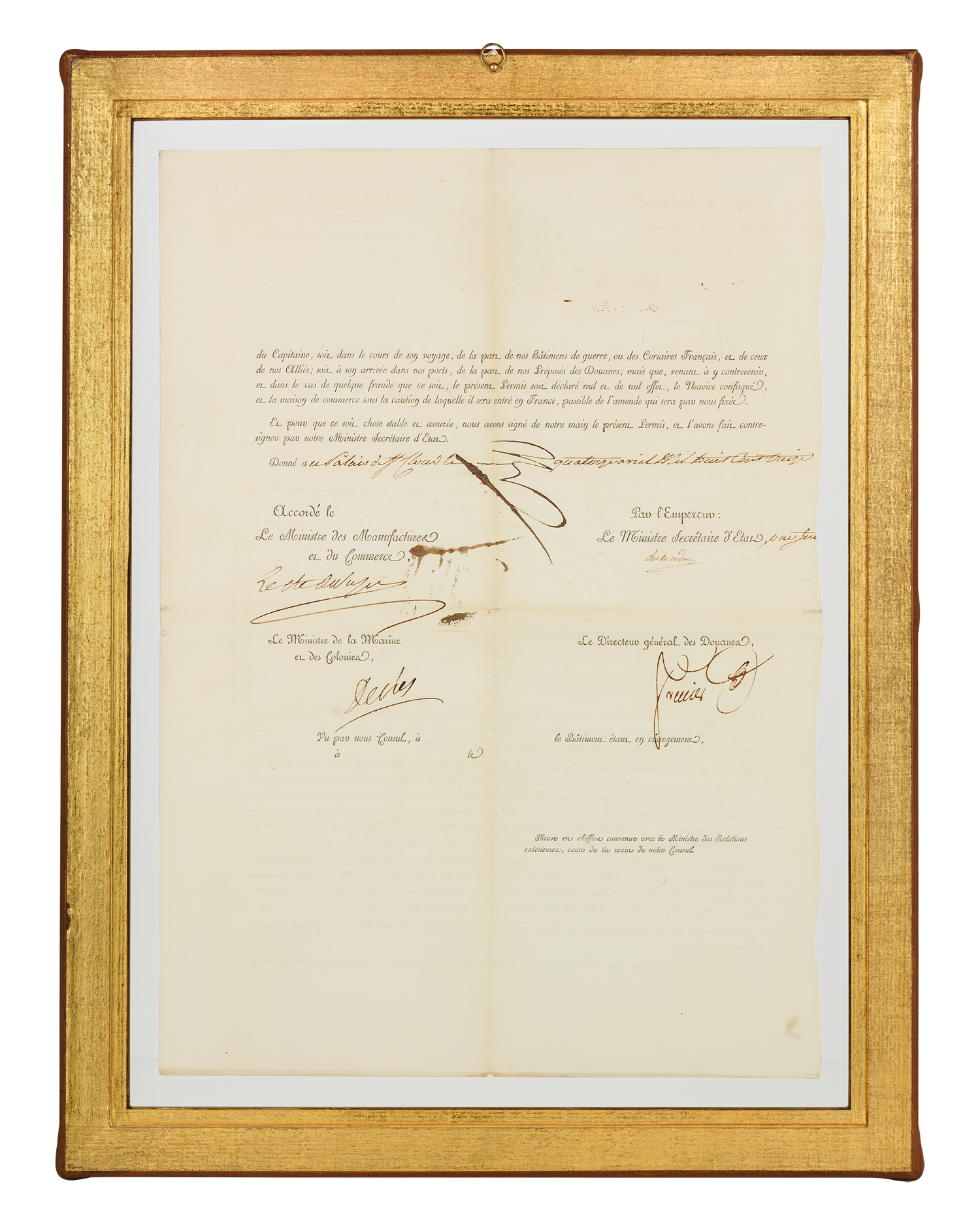 Framed Maritime Passport signed by Napoleon Bonaparte