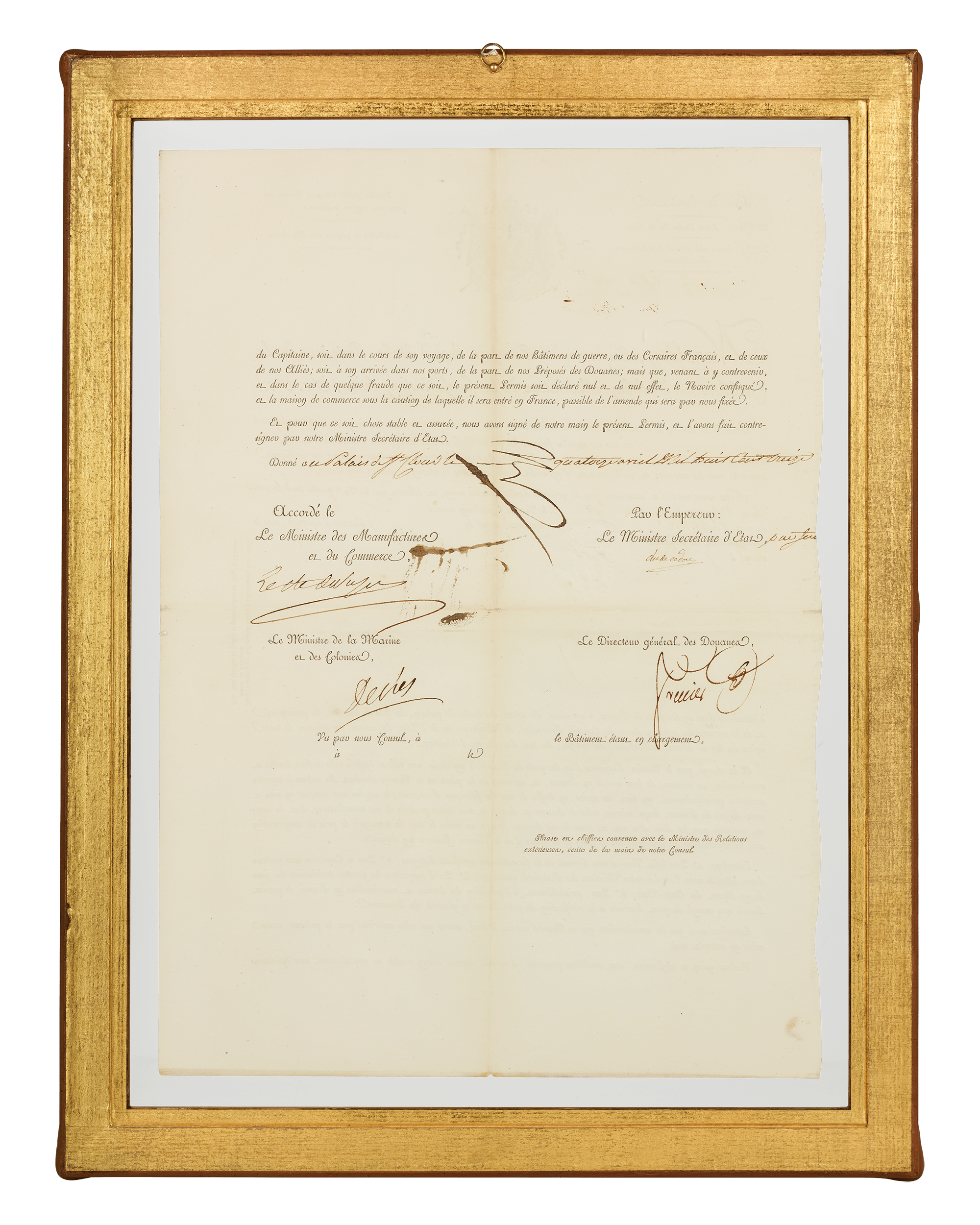 Framed Maritime Passport signed by Napoleon Bonaparte