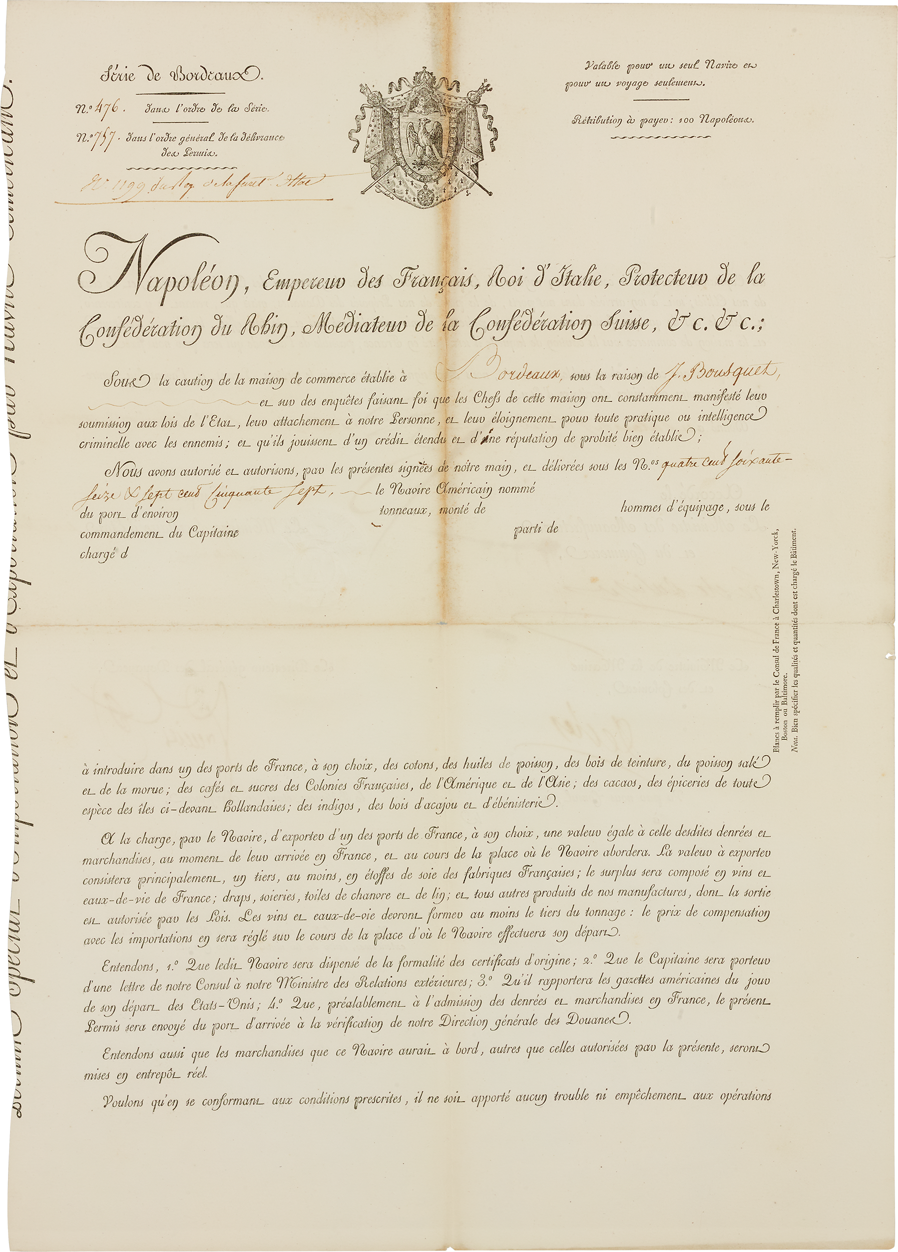 Framed Maritime Passport signed by Napoleon Bonaparte