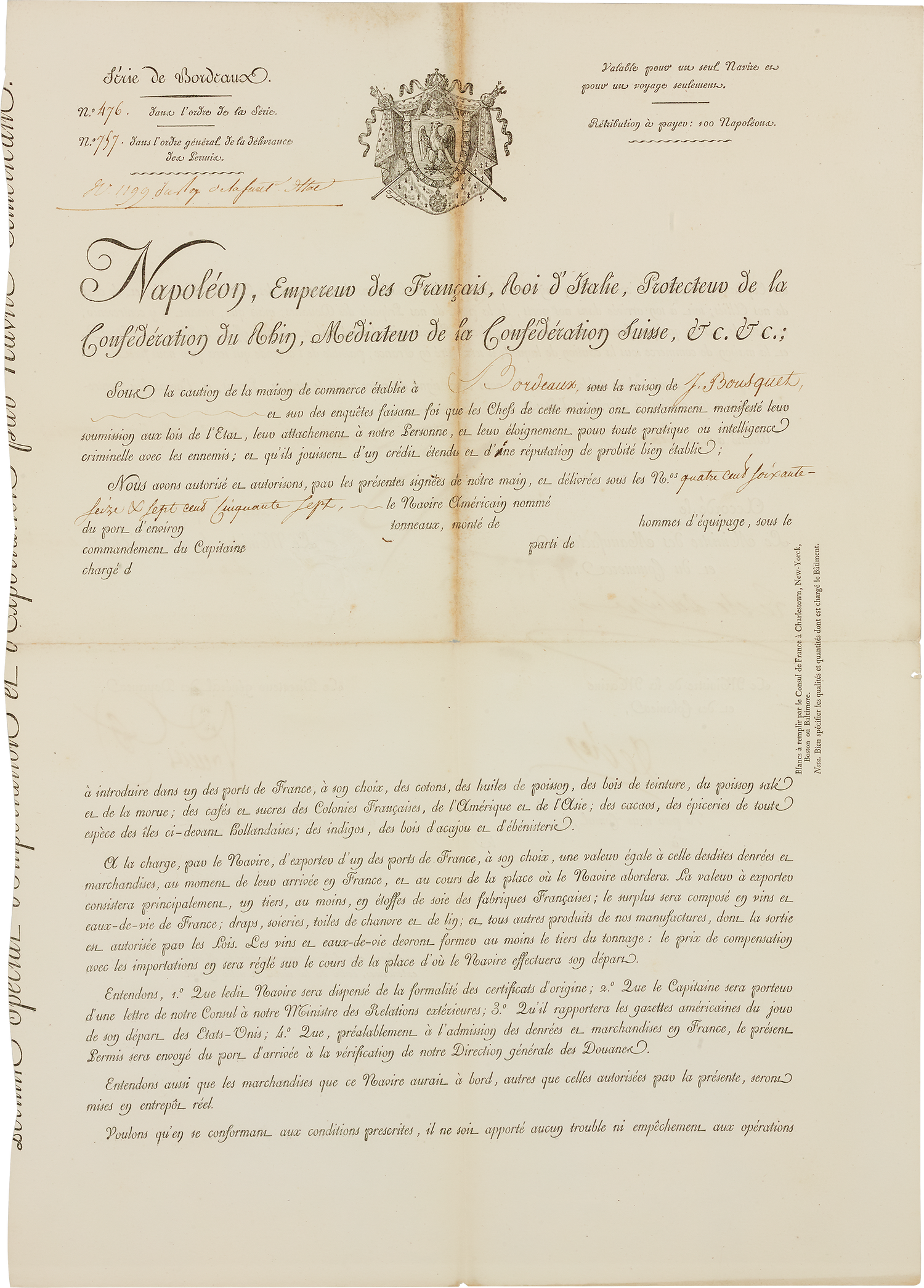 Framed Maritime Passport signed by Napoleon Bonaparte