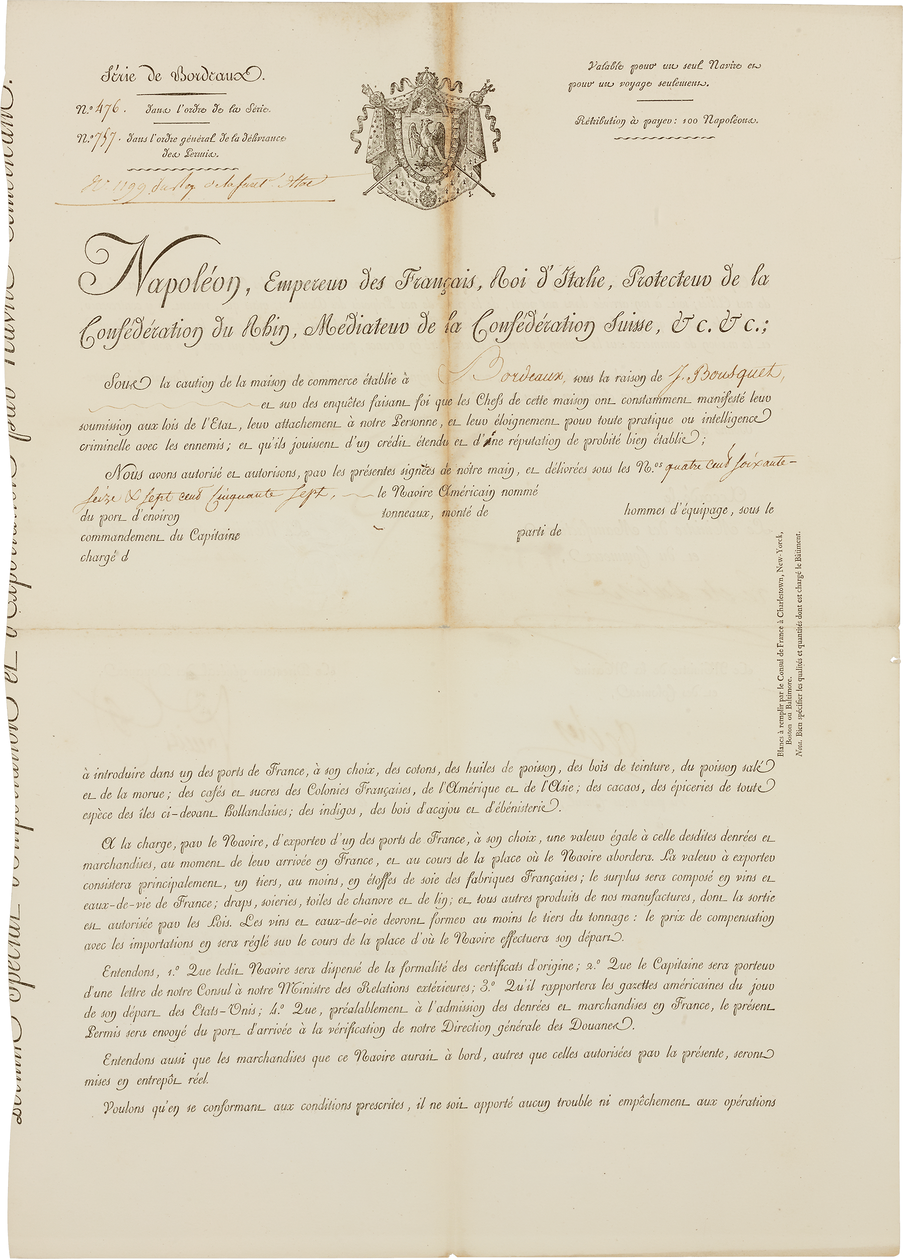 Framed Maritime Passport signed by Napoleon Bonaparte