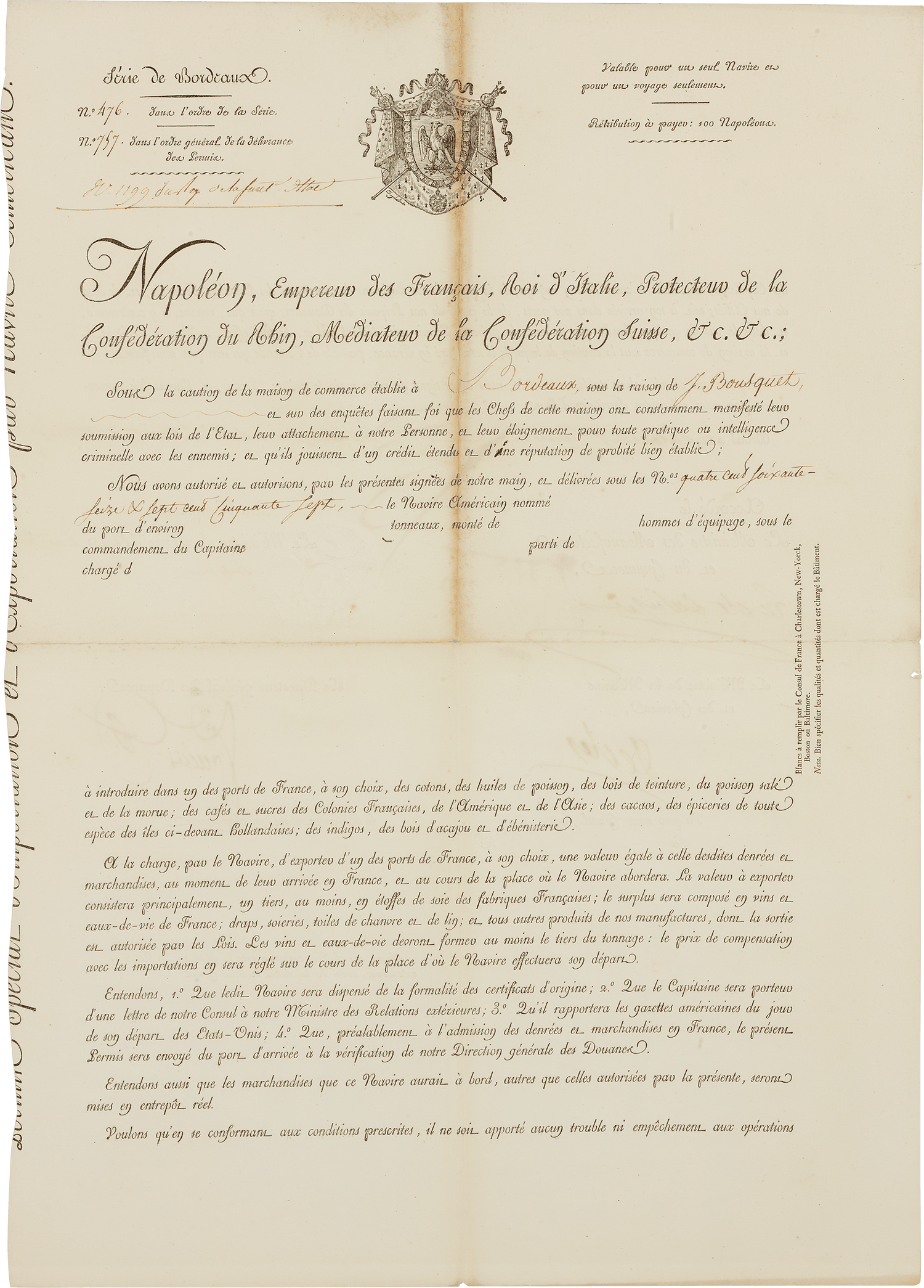 Framed Maritime Passport signed by Napoleon Bonaparte