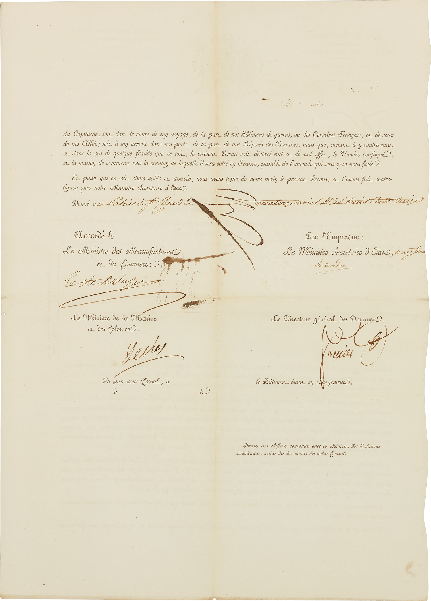 Framed Maritime Passport signed by Napoleon Bonaparte
