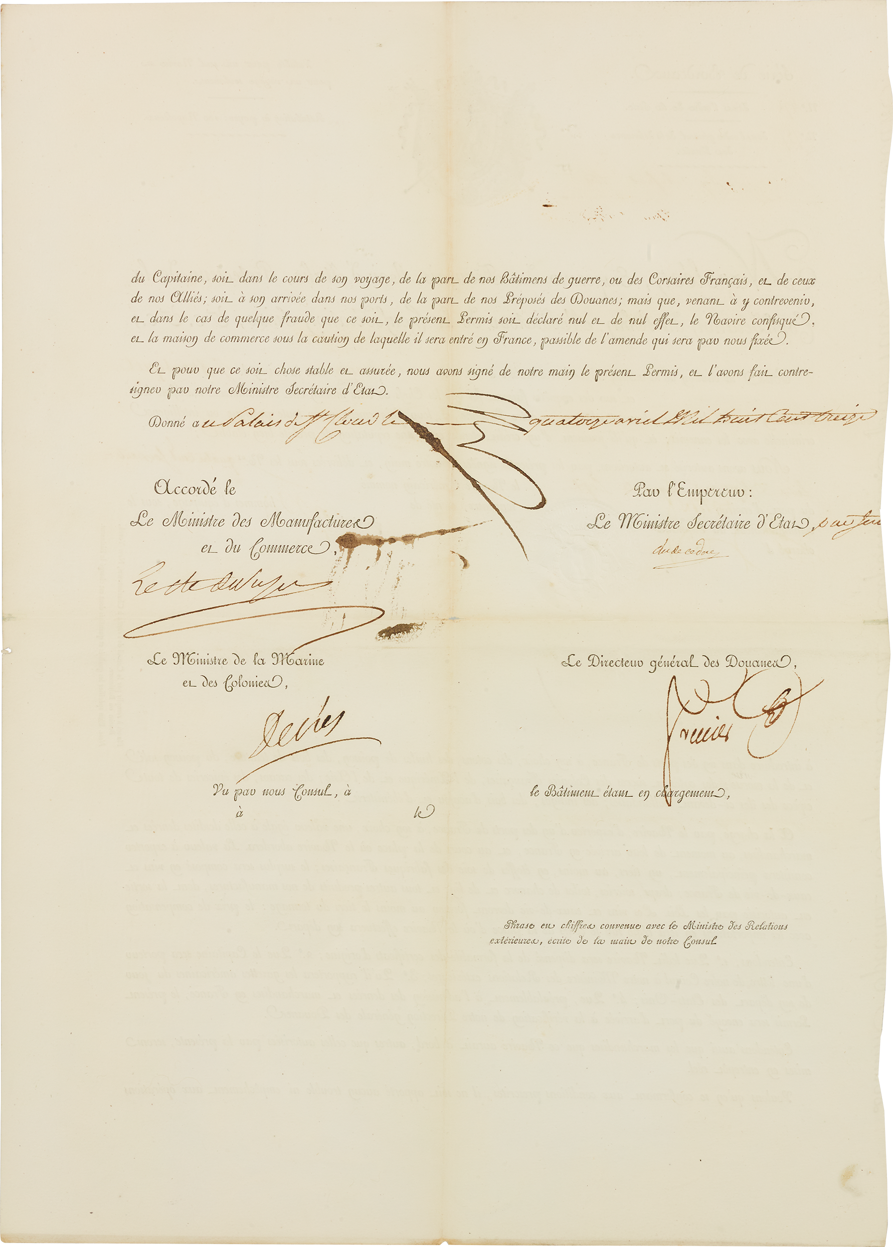 Framed Maritime Passport signed by Napoleon Bonaparte