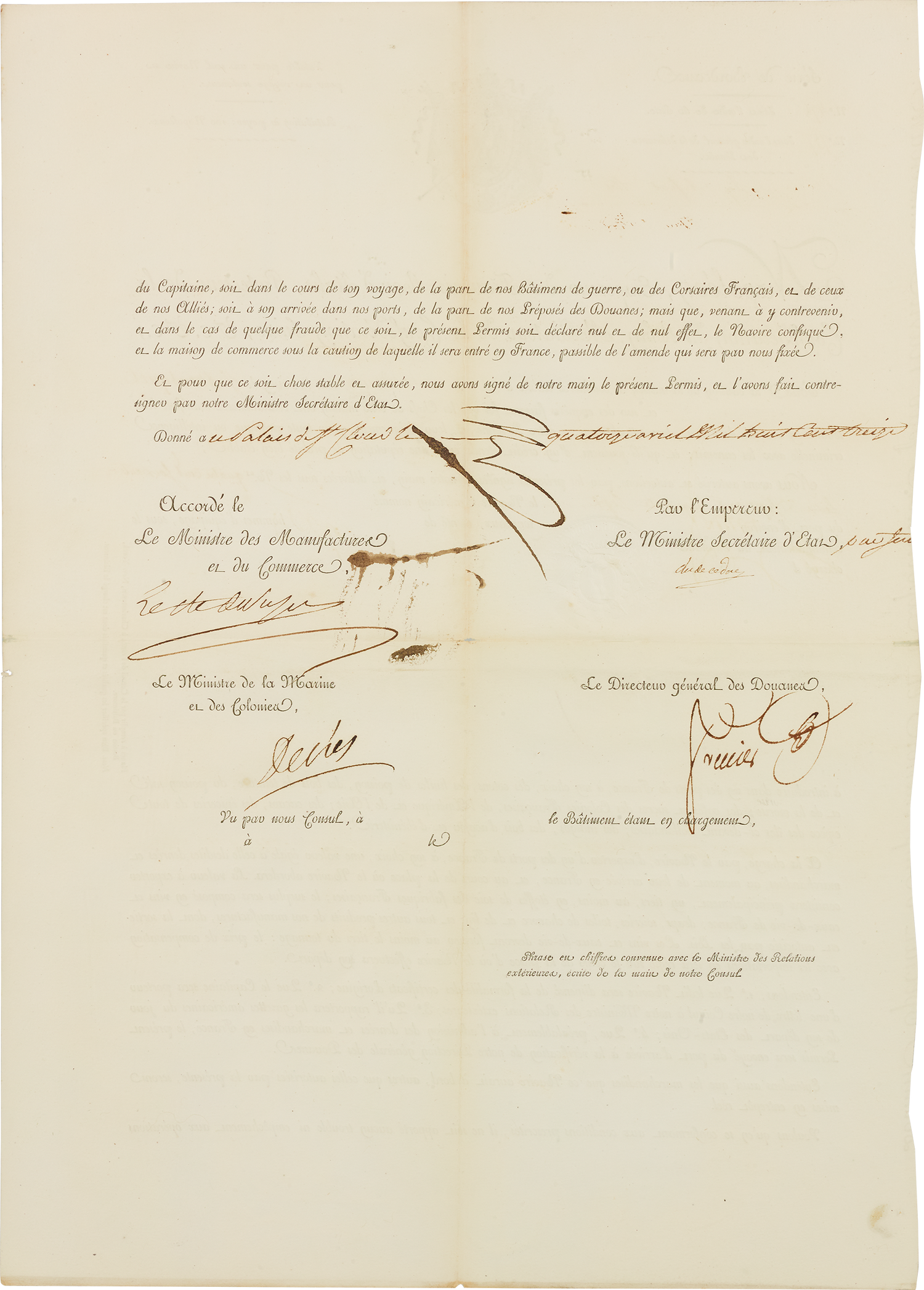 Framed Maritime Passport signed by Napoleon Bonaparte
