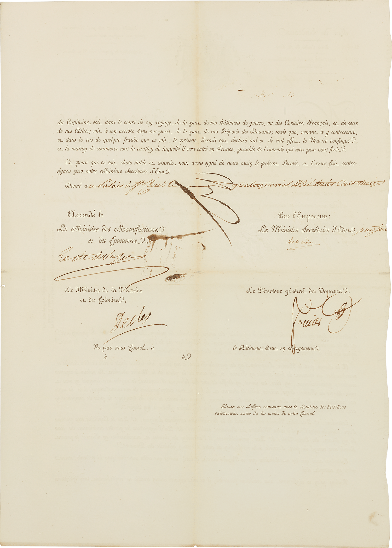 Framed Maritime Passport signed by Napoleon Bonaparte