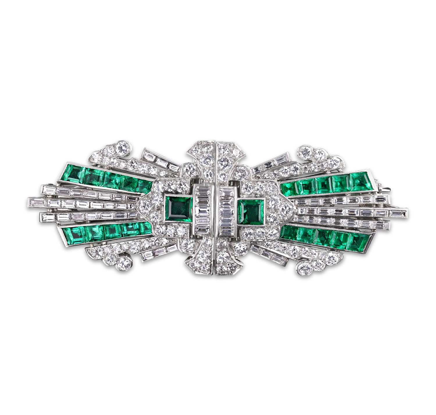 Art Deco Emerald and Diamond Double Clip Brooch