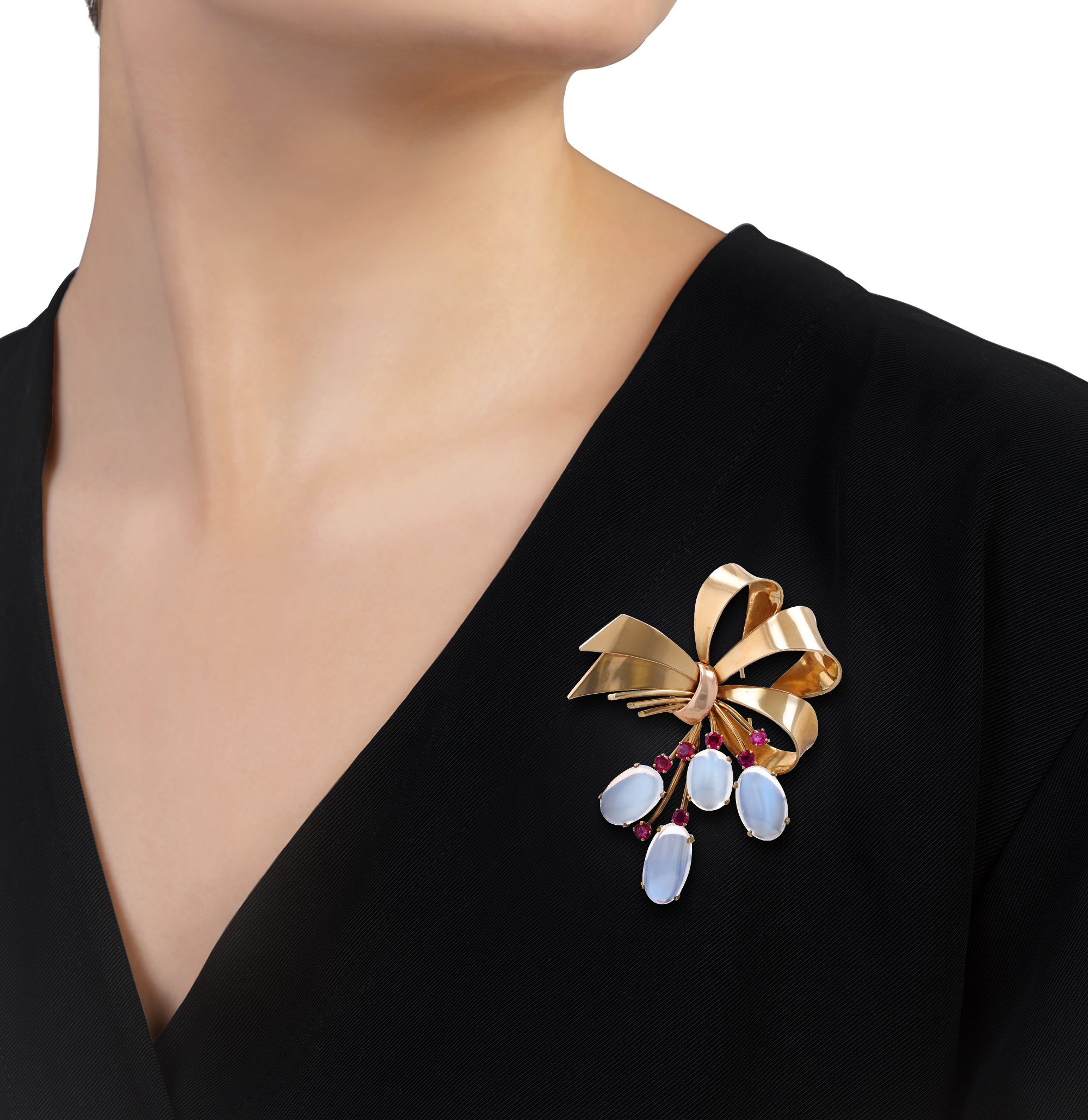 Tiffany & Co. Moonstone and Ruby Bow Brooch