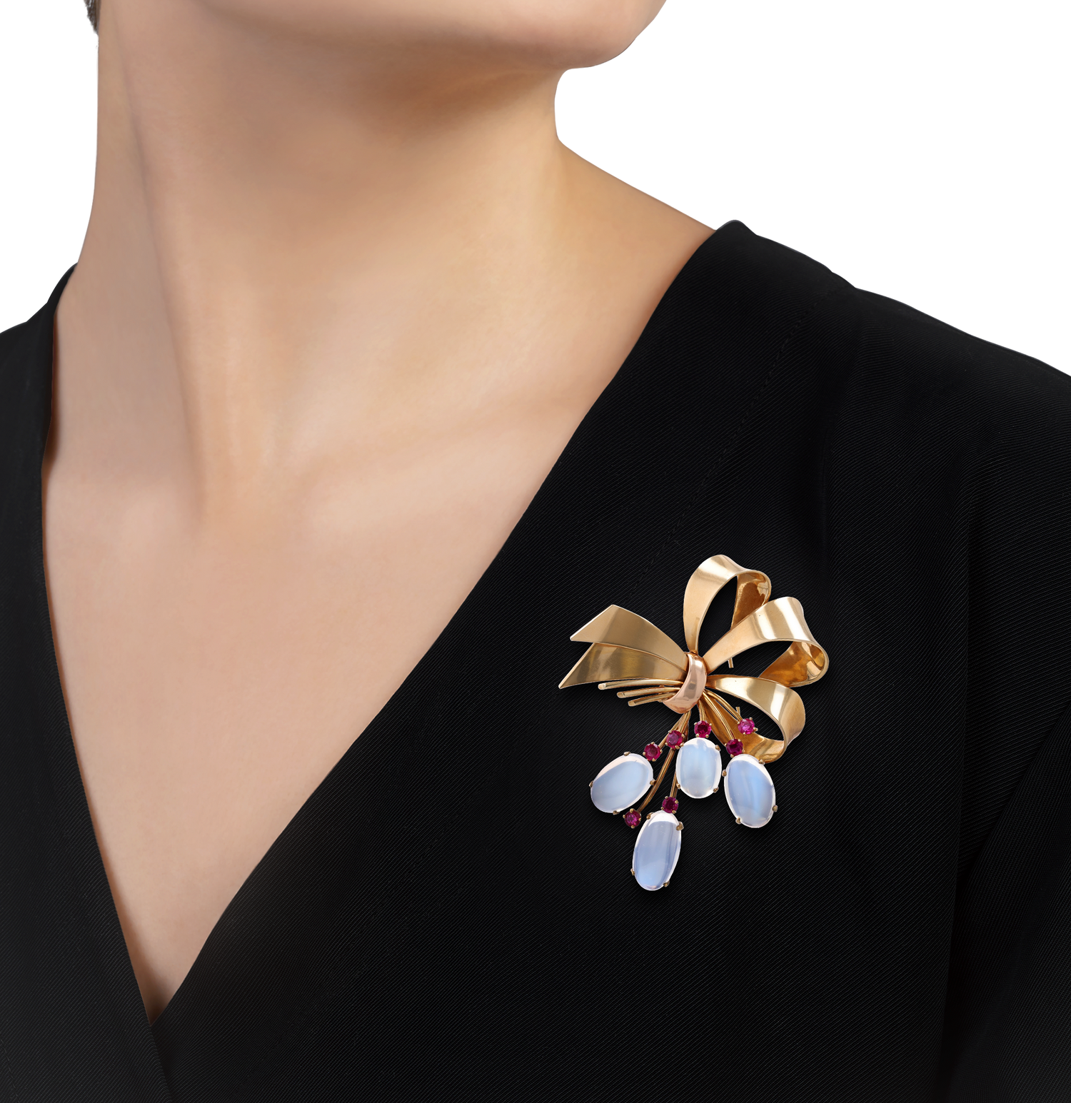 Tiffany & Co. Moonstone and Ruby Bow Brooch