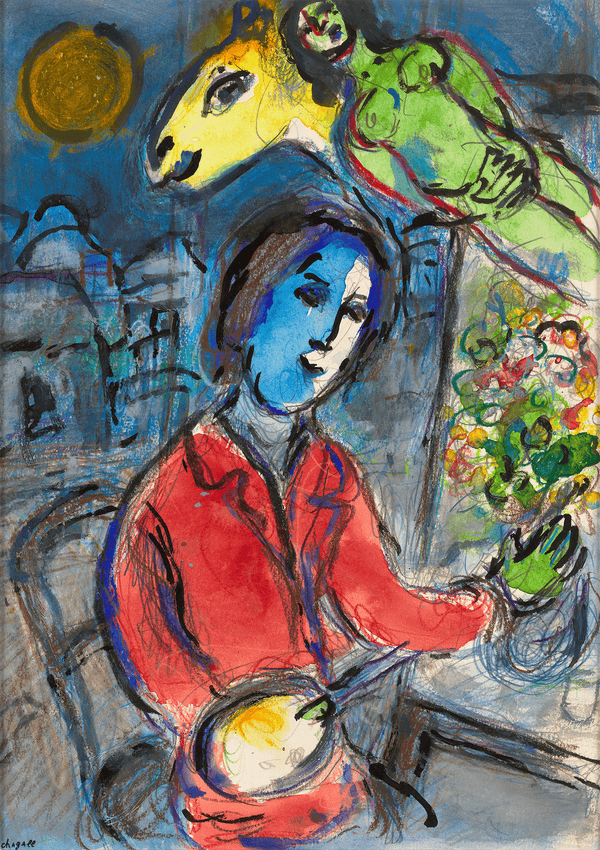 Peintre à la veste rouge et le nu vert by Marc Chagall