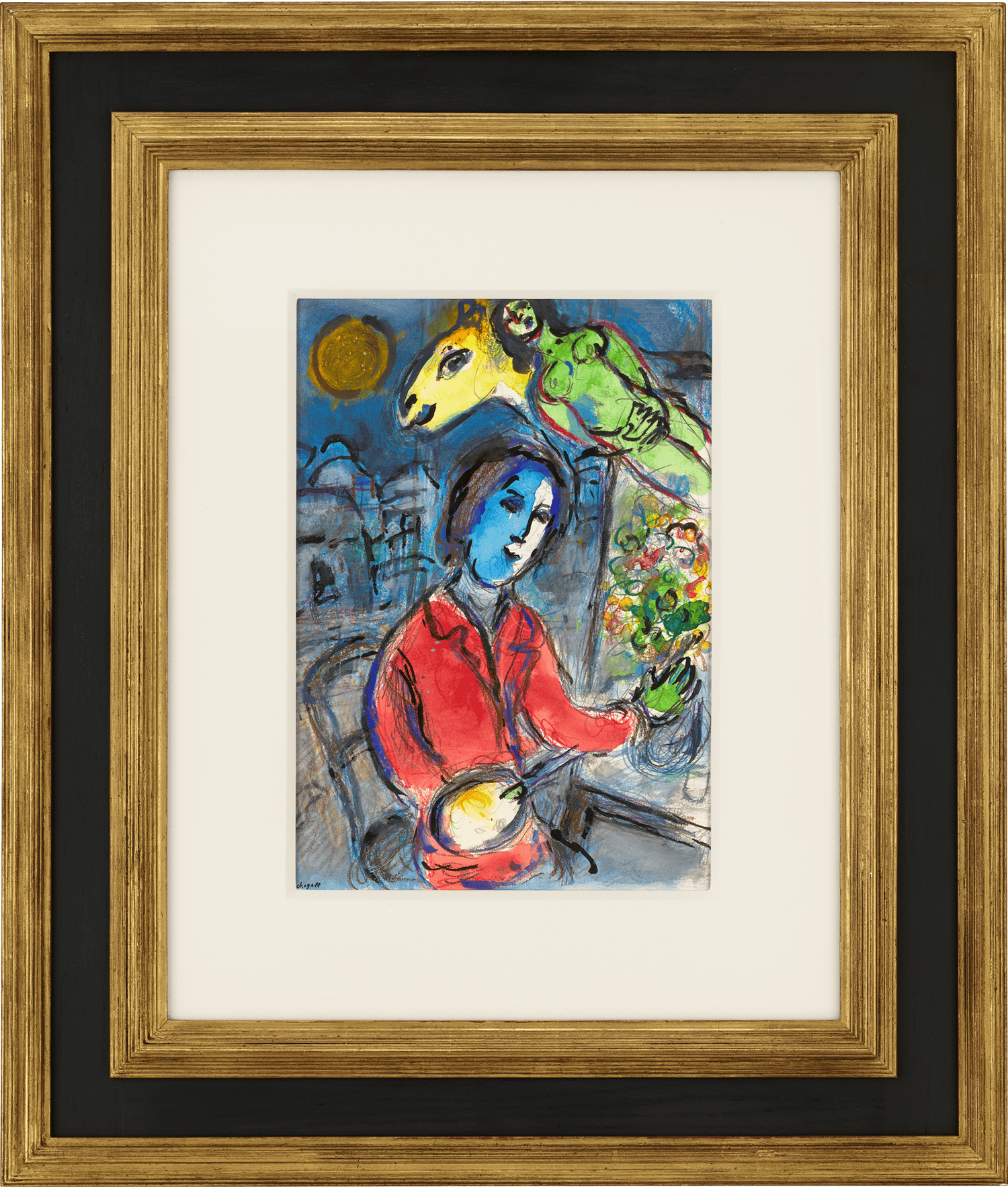 Peintre à la veste rouge et le nu vert by Marc Chagall