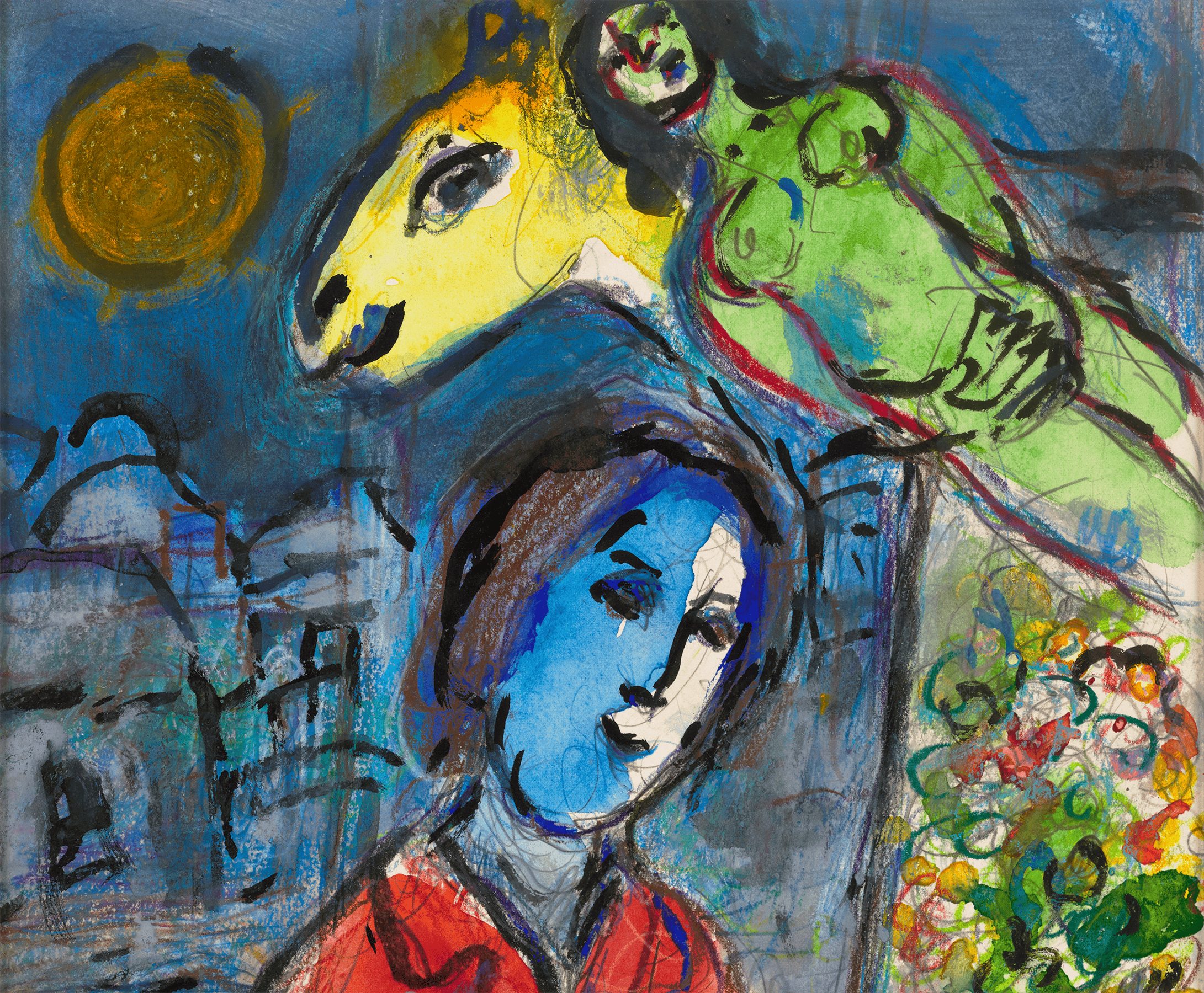 Peintre à la veste rouge et le nu vert by Marc Chagall