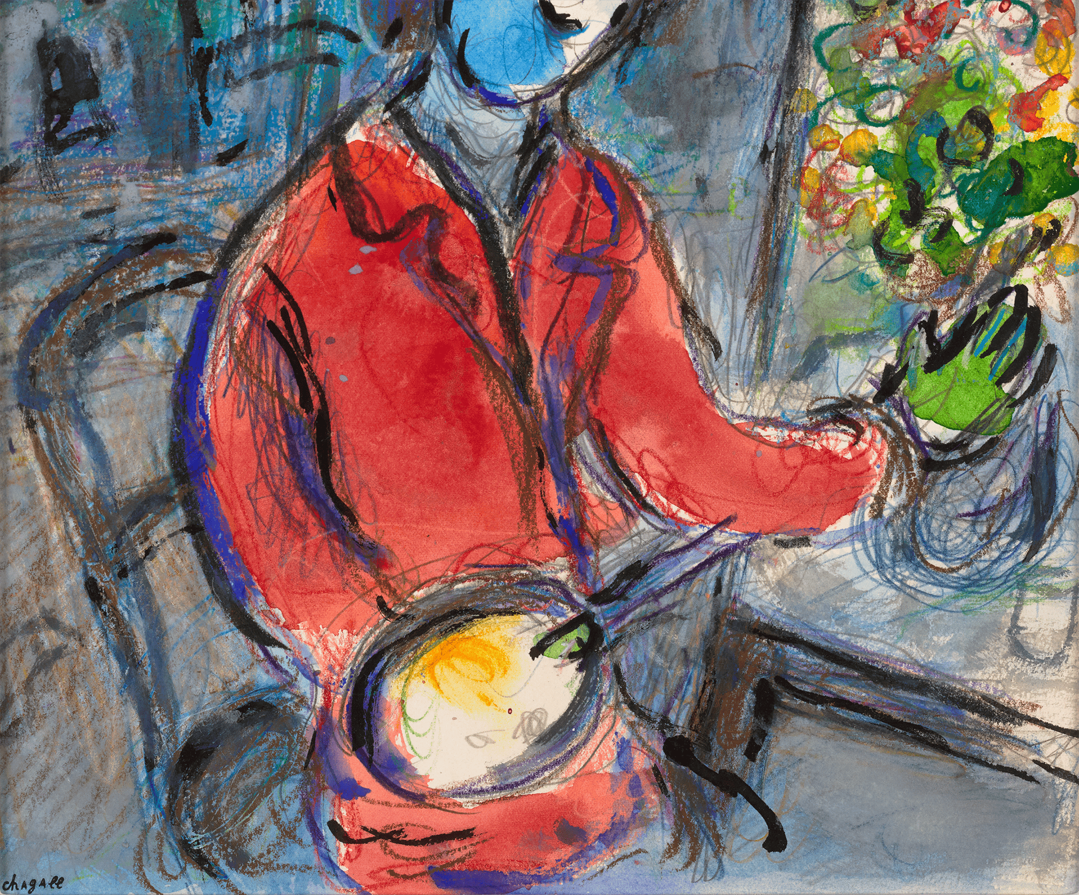 Peintre à la veste rouge et le nu vert by Marc Chagall