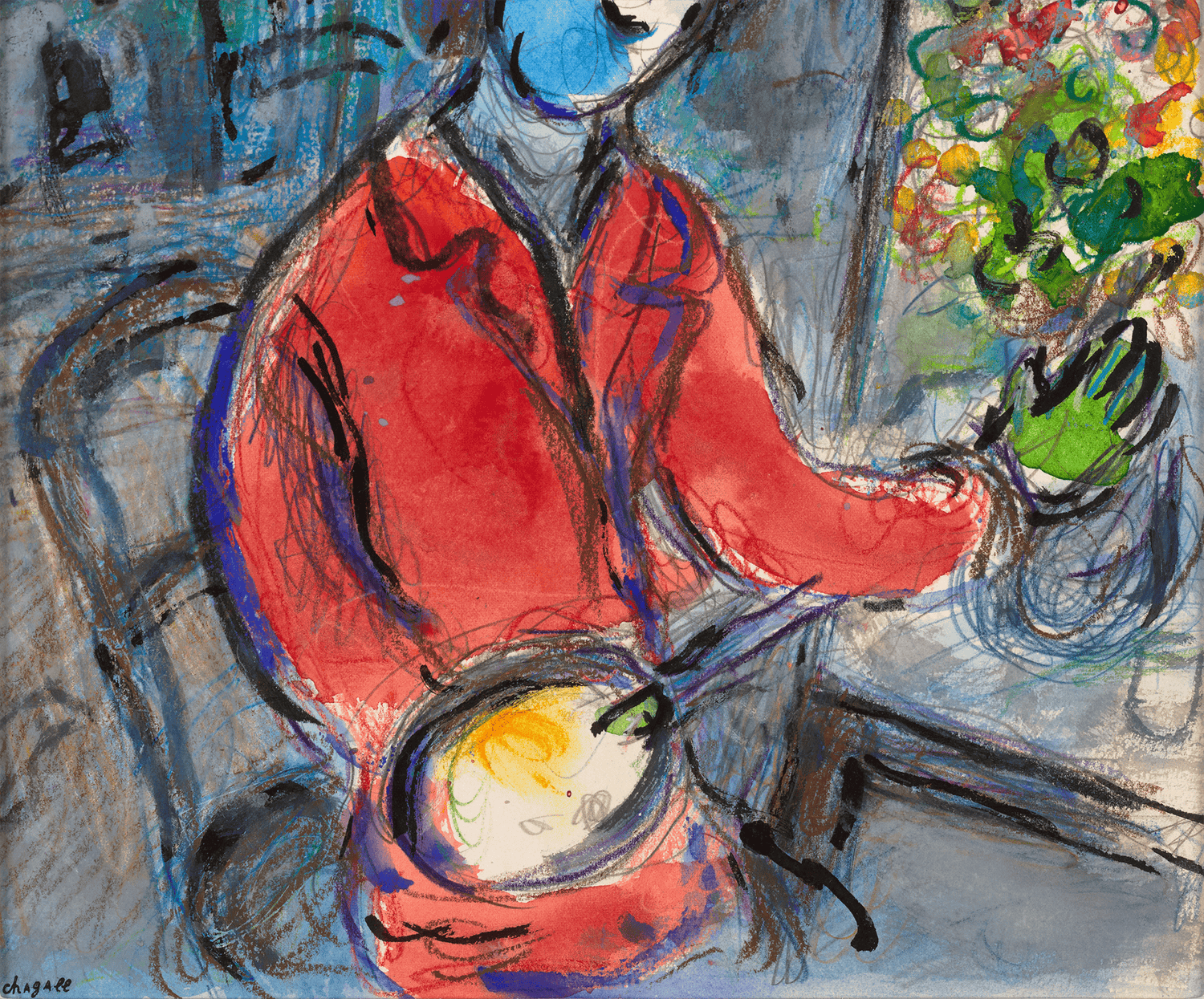 Peintre à la veste rouge et le nu vert by Marc Chagall