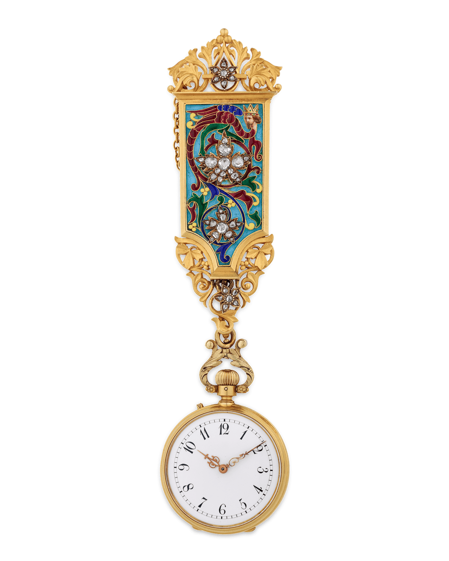 Falize Cloisonné Enamel and Diamond Pendant-Watch Brooch