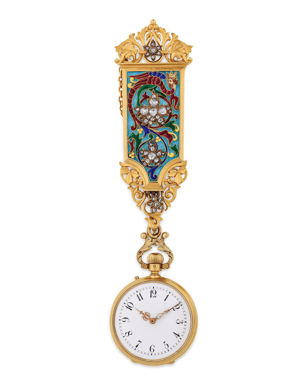 Falize Cloisonné Enamel and Diamond Pendant-Watch Brooch