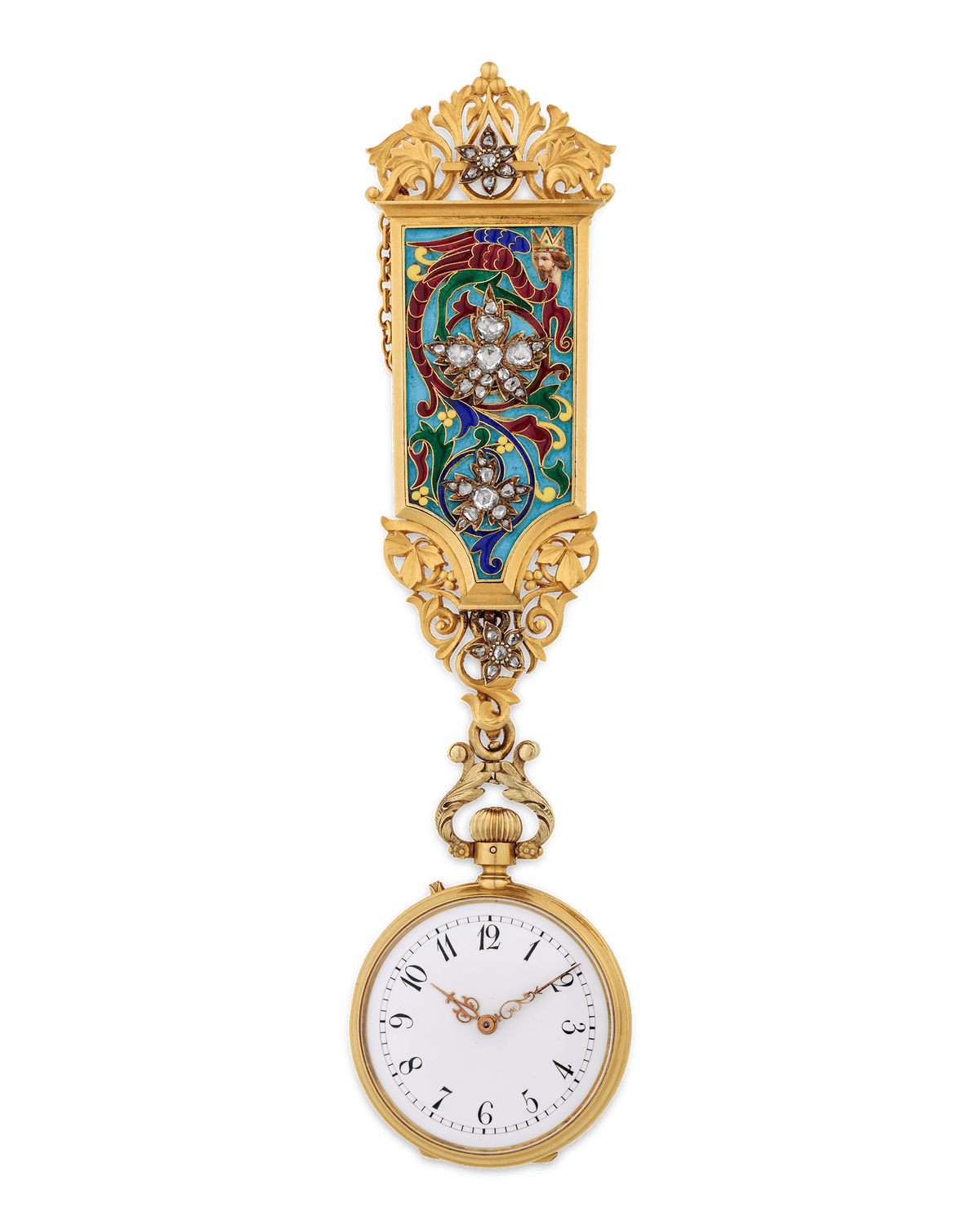 Falize Cloisonné Enamel and Diamond Pendant-Watch Brooch