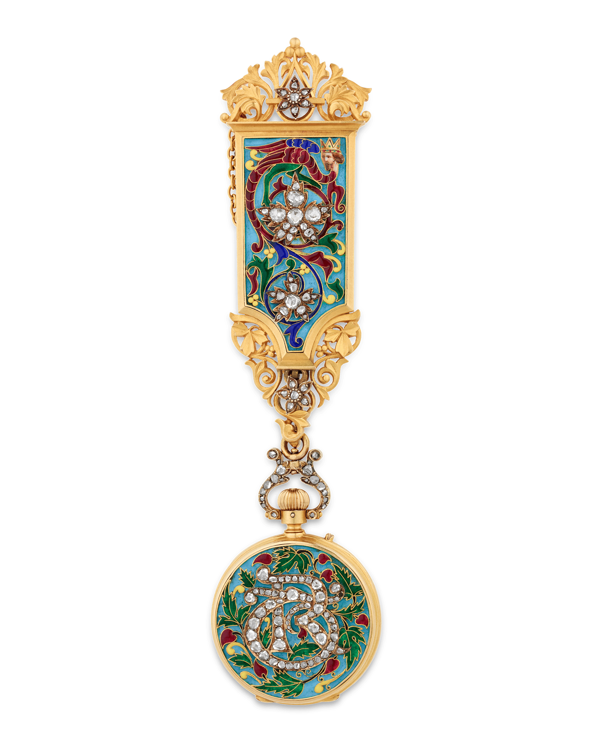 Falize Cloisonné Enamel and Diamond Pendant-Watch Brooch