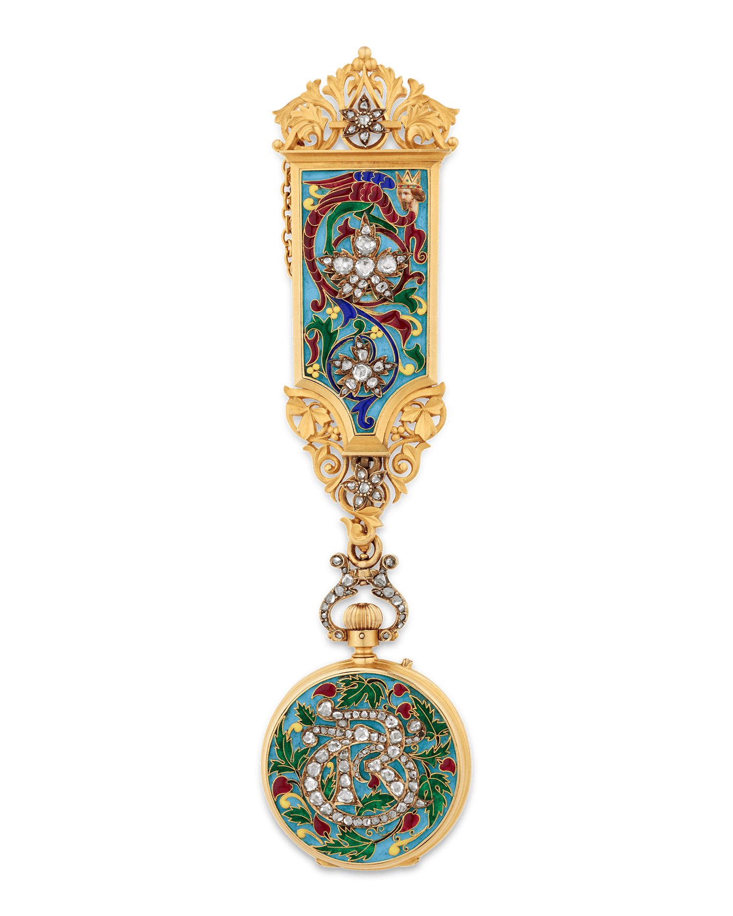 Falize Cloisonné Enamel and Diamond Pendant-Watch Brooch