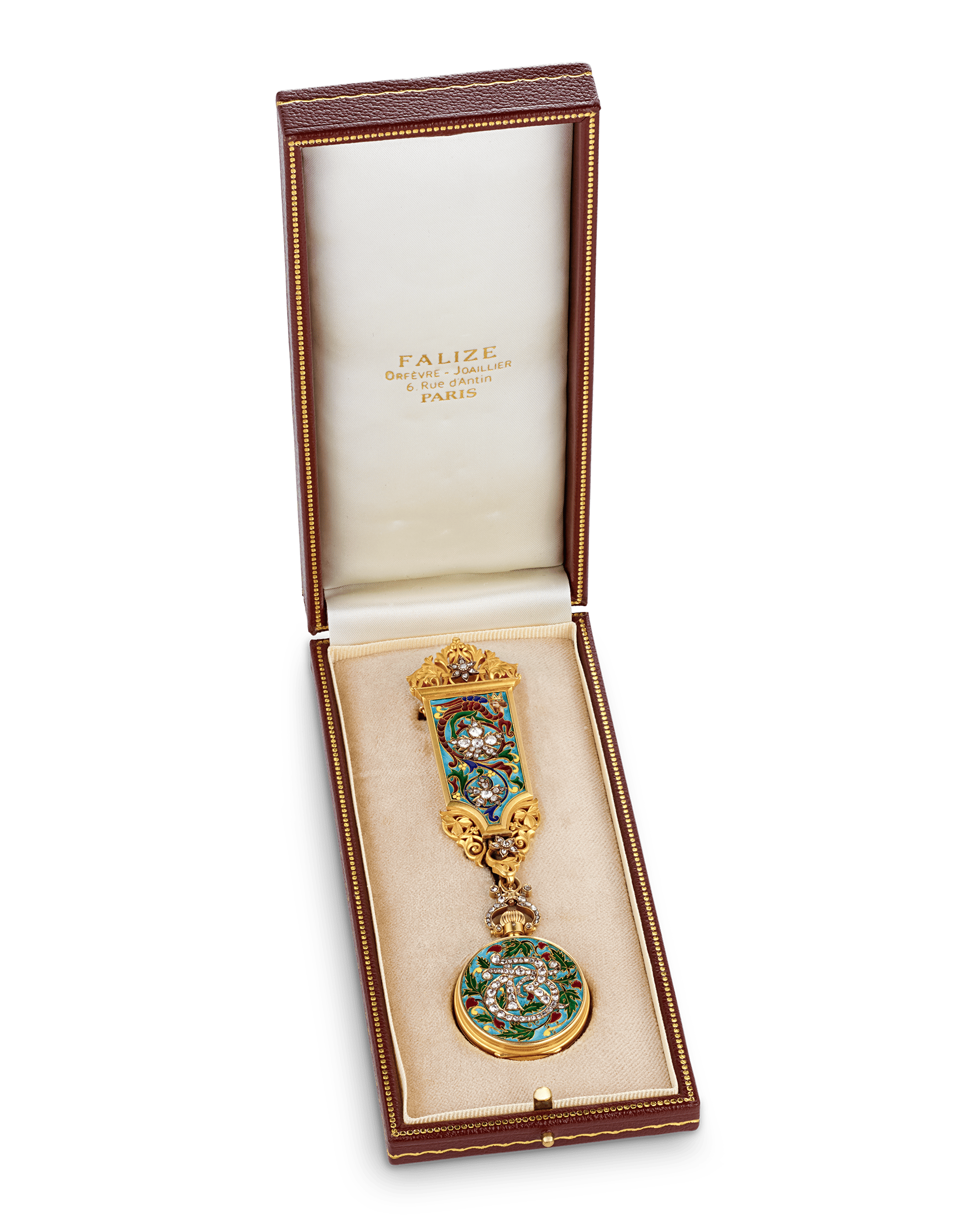 Falize Cloisonné Enamel and Diamond Pendant-Watch Brooch