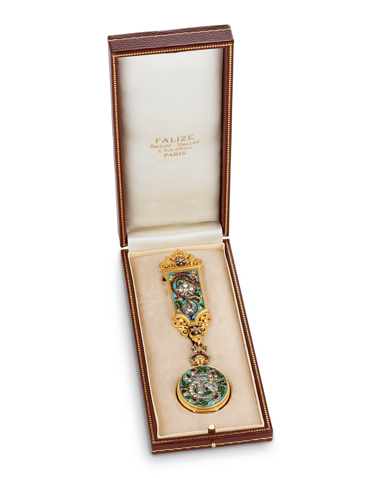 Falize Cloisonné Enamel and Diamond Pendant-Watch Brooch