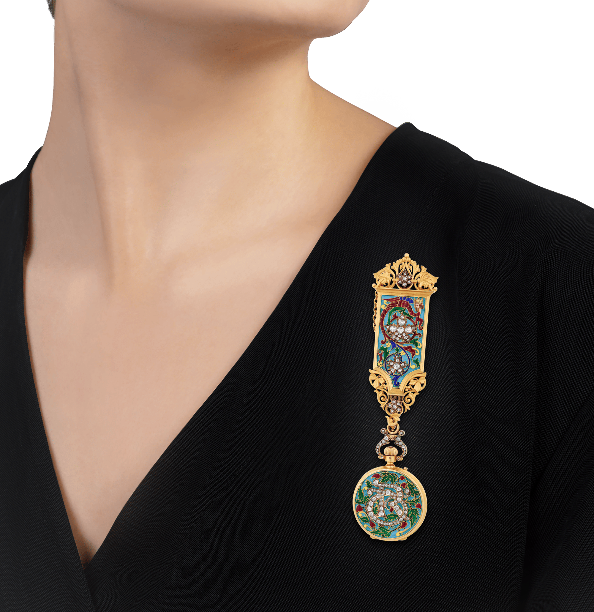 Falize Cloisonné Enamel and Diamond Pendant-Watch Brooch