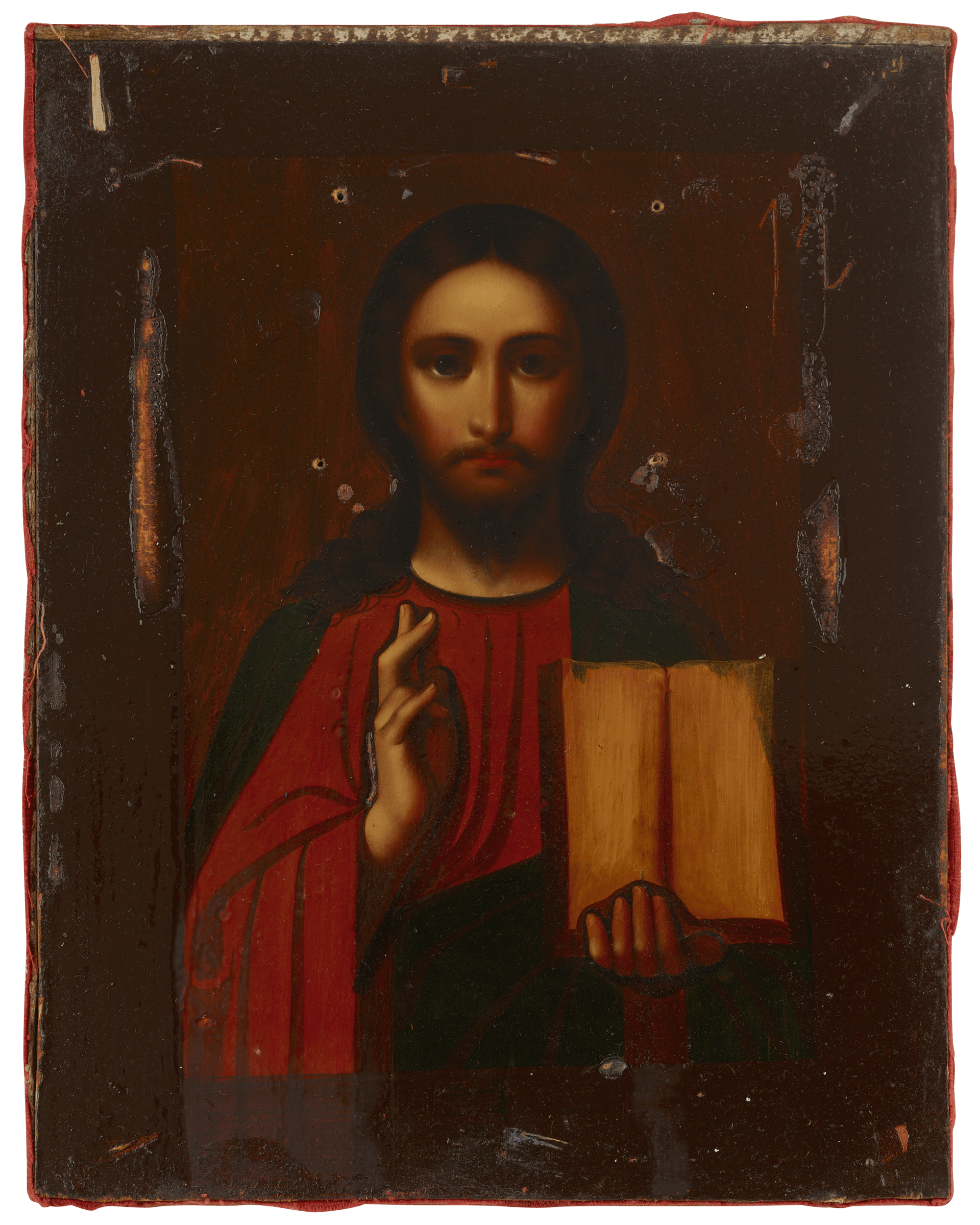 Russian Christ Pantocrator Icon with Enameled Silver Oklad